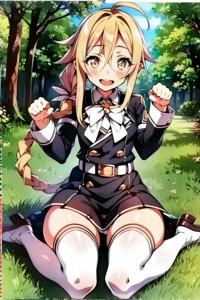 masterpiece, best quality, school girl, blonde, climbing, torn skirt , torn white panties, bare buttocks, torn black socks, red backpack, red shoes, (ass chewed by wolf), bite marks on ass, surprised