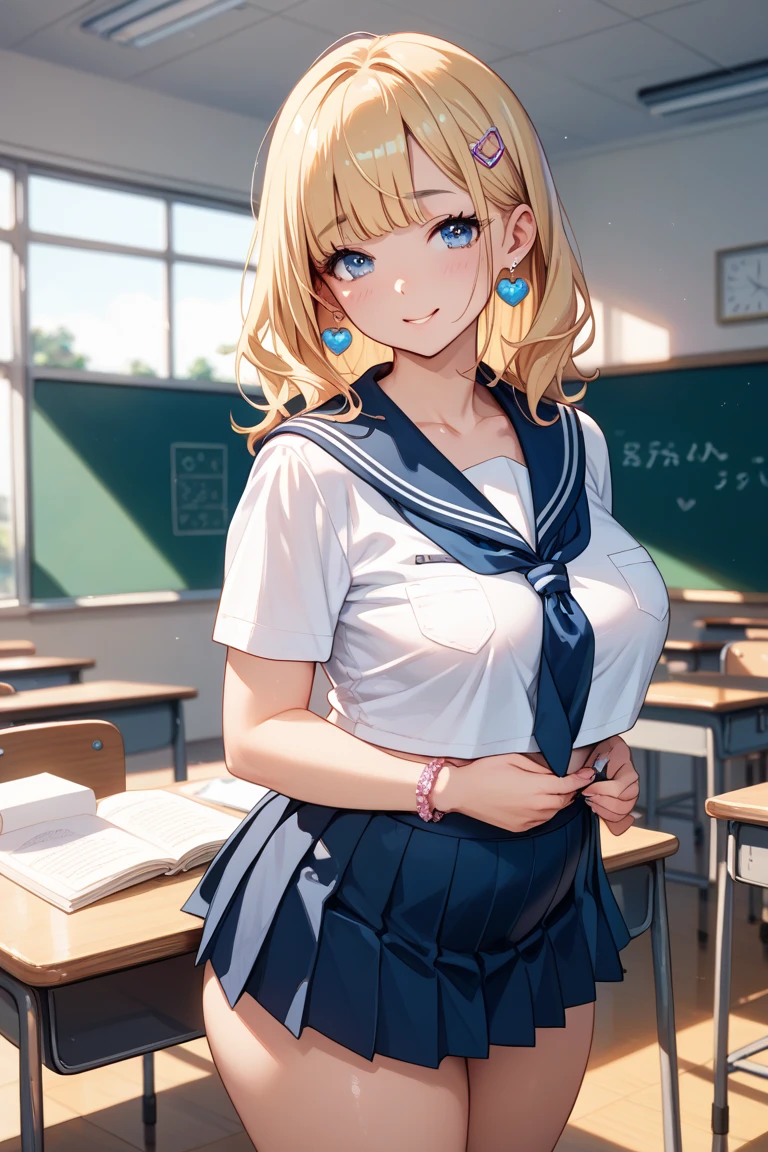 (cute eyes), (8K、Best image quality、highest quality、masterpiece)、Detailed face、Improve、(open mouth), (skinny body),(medium breasts), (school uniform),(Light blue striped underwear), (cleavage), Sit on a chair, Classroom Background, (black stockings), (Thighs:1.2), (Waistline:1.2)