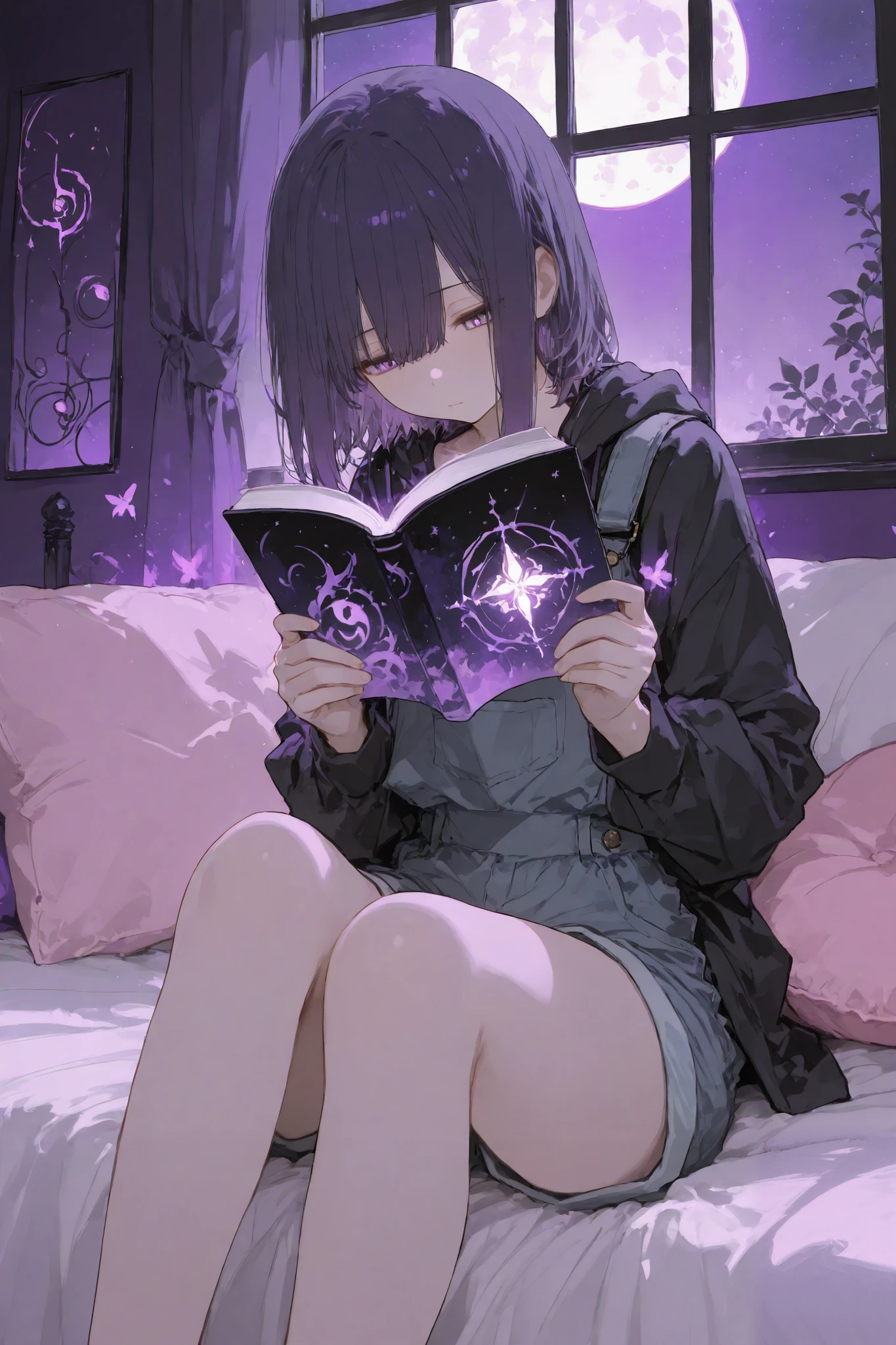 masterpiece, best quality, ultra-detailed,r17329_illu,usnr,luisap, General,xxx667_illu,masterpiece, best quality, 8k, highres, ultra-detailed,HDR, UHD, studio lighting ,Low Fidelity art. pastel,A quiet moment in a room lit by soft purple lighting. A person is sitting on a bed, reading a book, while the entire room is softly illuminated by the purple glow. The room is decorated with a pink cushion and a bluish bedspread, adding subtle touches of color. A window in the background reveals the deep blue night sky and a glowing moon outside. The character, drawn with a relaxed posture, sits comfortably, surrounded by the nostalgic feel of the scene. The lines are simple and rough, but the overall atmosphere is serene, with the purple light wrapping everything in a calm and tranquil mood.
