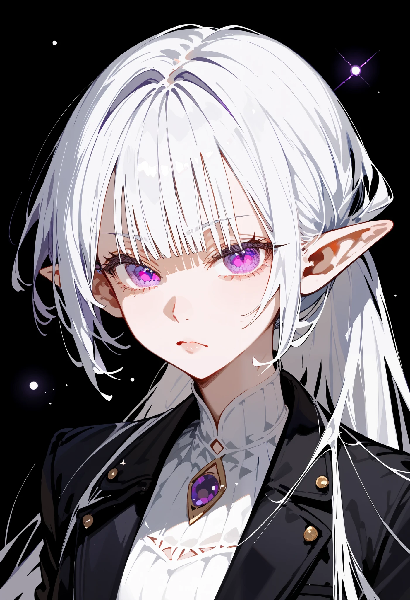 girl,Pointed ears, white hair, in purple eyes,Black Jacket,beautiful,thin, long hair,spider,black background,plain,Focus on the face,Black and white dress,Psychosis page,Amber Mind, Terrible, dark edges, dark edgesมาก,Fierce face,thinเพรียว,student,In a broken eye,Eye Focus ,cute, ponytail,Smooth hair,Mouth corner with dots,Blond hair