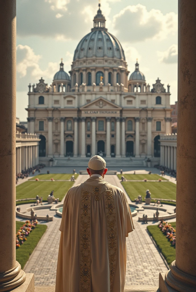 Scene set in St. Peter's Square in the Vatican. The focal point of this image is the brown no laces ankle boots the Pope is wearing. White clothes and highly ornately decorated outfit with papal insignia. The background is St. Peter's Square in the Vatican. The scene captures the moment of religious significance and the historical and artistic richness of St. Peter's Square. Ultra-realistic photo, 16k, ultra high resolution, photorealistic, Ultra HD.