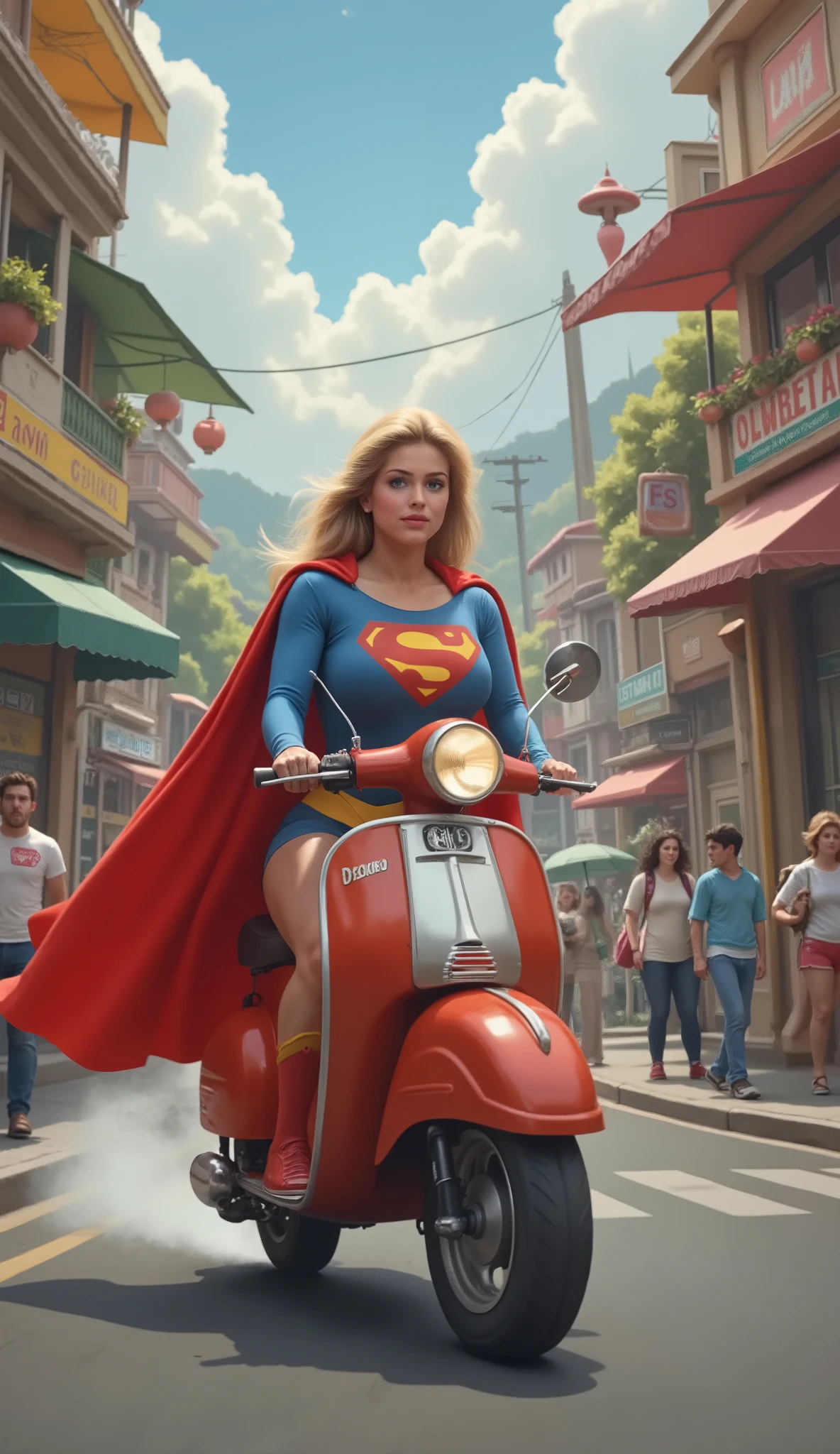 SEXY FEMALE WITH BLUE EYES WEARING A 1980 SUPERGIRL COTUME AND CAPE RIDING HER MOTOR SCOOTER THORUGH A SMALL ITIALIAN CITY.