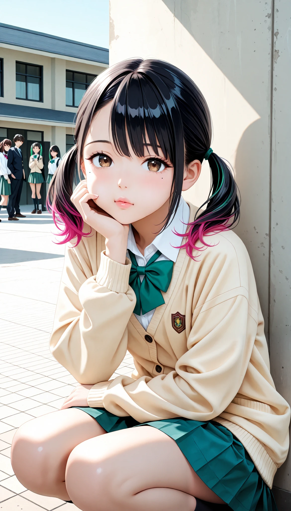 ( Cute age Girls ,  petite body, brown eyes),  1 female:1.6, (Beautiful High School Girls by Yoshitomo Nara,  black hair with pink inner color hair, twin tails, asymmetrical bangs, mole under the eye:1.2,  small face, beautiful skin),  glossy lips , very detailed目と顔, long lashes, ( school uniform, shirt, bright green bow tie , Beige Cardigan,  green pleated skirt), leaning against the wall, squatting, (random suspect,  puff up your cheeks), Scenery behind the school building , Quiet,  light shining in ,(Highest quality:1.2, very detailed, CG illustration, soft focus, masterpiece:1.2, Aesthetics at its best),Perfect Face, perfect hand, Perfect Legs,  perfect fingertips,