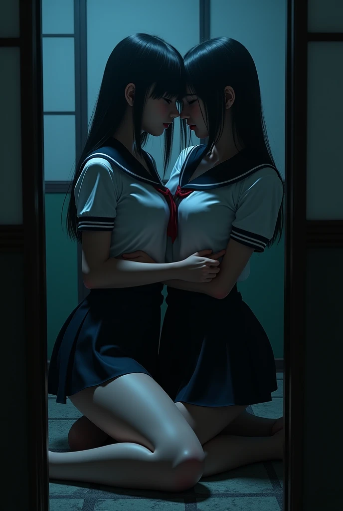 (realistic, photo-realistic:1.4), (best quality,masterpiece:1.2), RAW photo, high resolution, intricate details, extremely detailed, sharp focus, cinematic lighting, (full body, frontal photography:1.5), (couple, two girls, a tall girl and a short girl:1.6), 16yo Japanese women standing, (couple hugging tightly each other and kissing roughly:1.5), (grabbing another's arm, grabbing another's ass), leaning against the wall outside classroom, smaller face, thin, slim, slender, thin legs, (blazer, skirt, bare legs, socks, loafers, wearing a tokiwadai school uniform:1.4), dark hair, (detailed face, beautiful detailed eyes, sophisticated nose), pale skin,
(peeing self, urinate a lot while holding crotch, urination:1.8), (big pee puddle, pee stain, pee running down legs),
photo background, indoors, hallway,