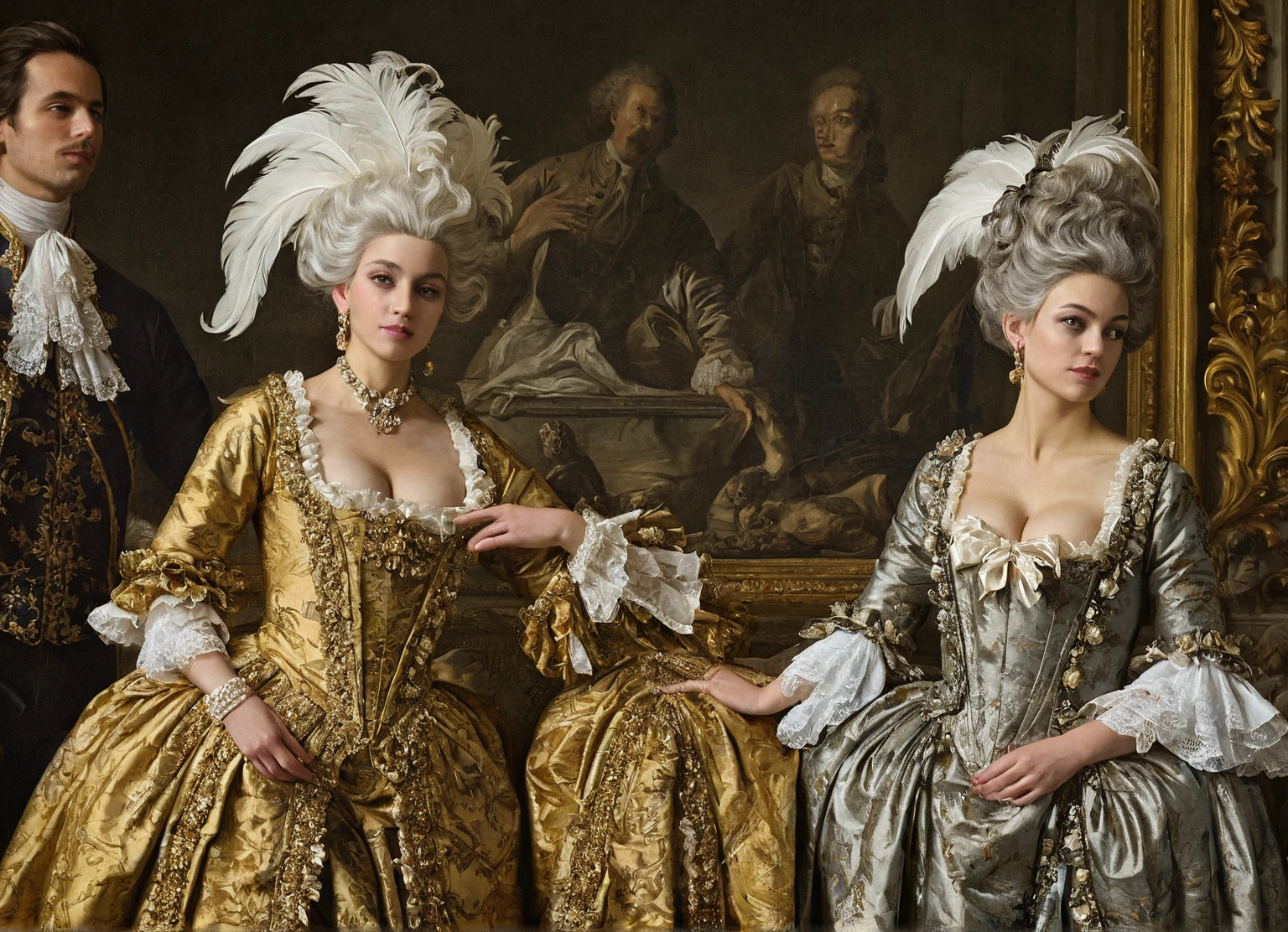 Image as a Jean Louis van loo’s painting oil on canvas Three figures, (ethnicity:1.0), (age:1.1), in elaborate 18th-century-style costumes, (detailed clothing:1.3), (accessories:1.3), (facial features:1.2), (expression:1.1), (body type:1.1), (pose:1.2), arranged in a horizontal row, positioned slightly staggered, with each figure centered in their respective thirds of the image's width. The figures are facing slightly forward, with a three-quarter profile view. The figures' elaborate gowns, (detailed clothing:1.3), feature black Baroque patterns on rich dark fabrics, adorned with delicate gold/bronze decorative elements. Large, dramatic, feathered rococó high white wig with light grey-white feather accents are on each figure, and each figure wears a venethian black eye mask like a bauta. Each hand holds what looks like a decorative fan, (detailed design:1.2), and they are holding them in front. The costumes have cascading, ruffled details and flowing fabrics. The background is aristocratic ambient of 18th century whit sculture and velvet curtunais .The composition is symmetrical and balanced. The lighting is soft, evenly distributed, with a muted palette of olive greens, browns, and muted golds, creating a formal, historical atmosphere. The style is akin to a period fashion illustration, (historical accuracy:1.1), (detailed rendering:1.2), (photorealistic style:1.1), and carefully detailed painting oil on canvas by hyacinthe rigaud, oil on canvas, court of Versailles