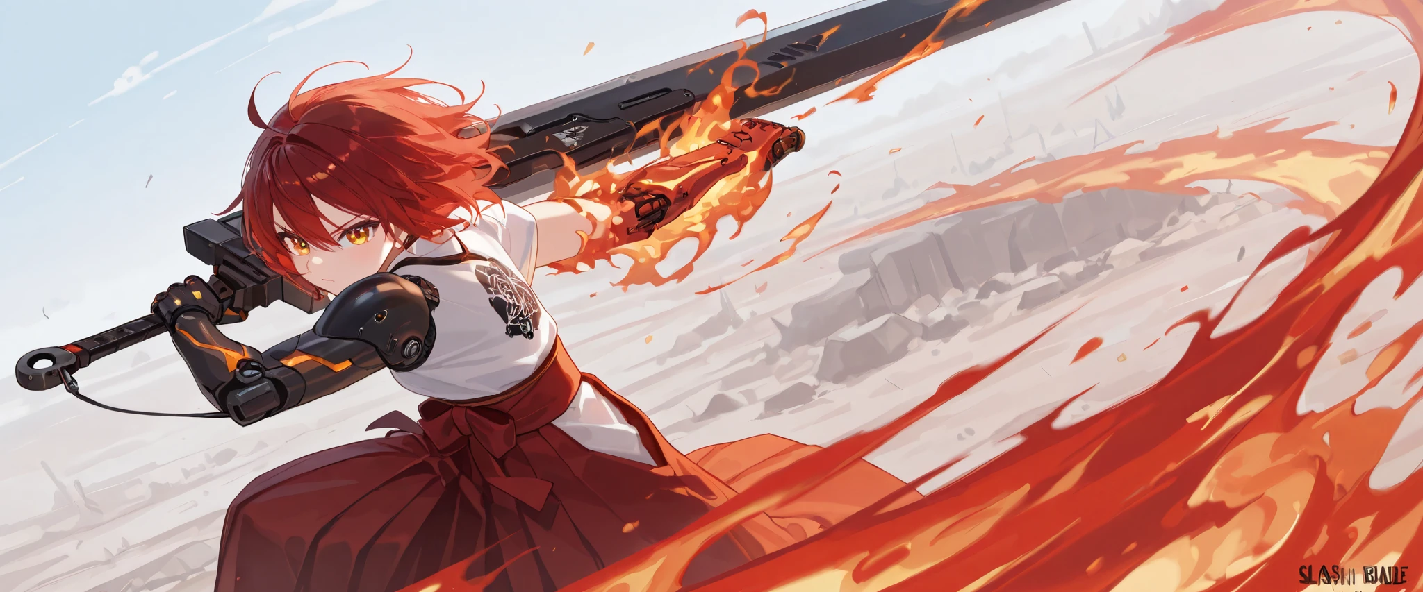 (best quality), high detailed, holding sword, (big weapon), (attack stance:1.1), action pose, oversized iron sword, Girl, mechanical arm, burning arm, Ruby blade, (Slash), serious, hakama, beautiful eyes, super fine eyes, (Close-up:1.1)