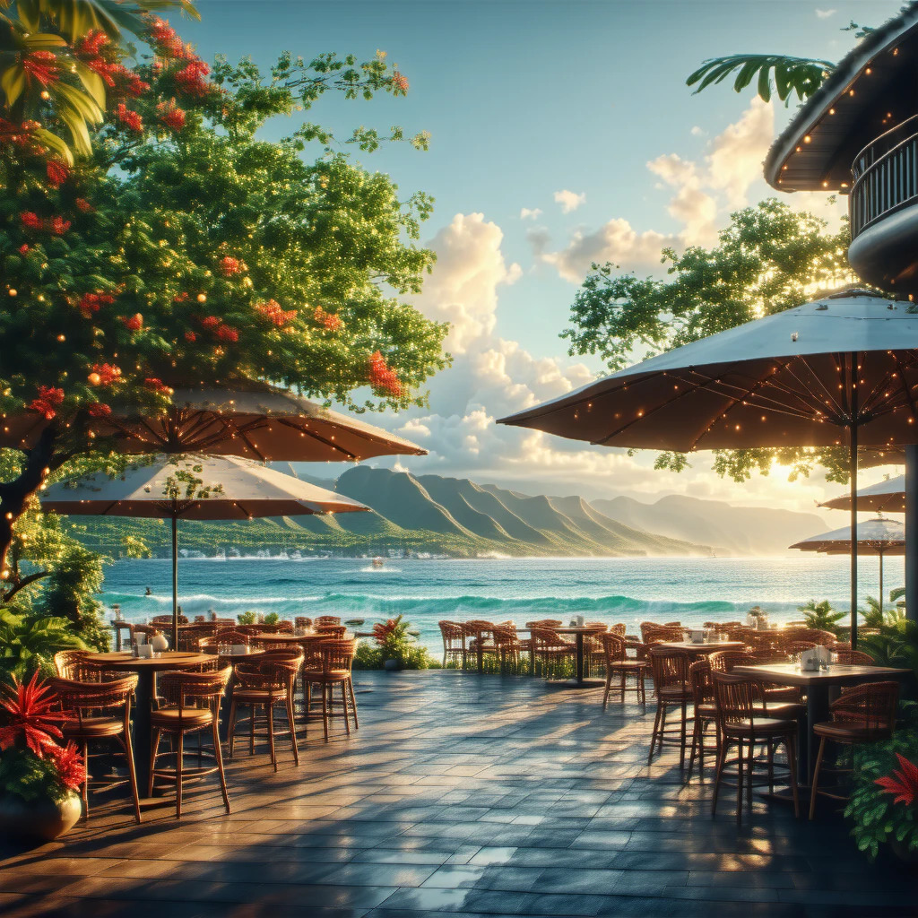 Hawaii's streetscape, morning, seaside, café
