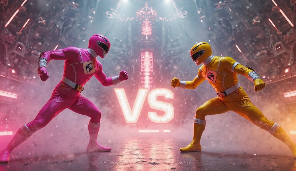 Lucy Liu in a scifi sexy battle suit (pink chrome) wielding a light sword (pink), bubblegum hair, streets of Bangkok challenging an Alien Xenomorph 'ROUND 1 FIGHT!' written in large letters along the bottom of the screen (Alert: only one light sword, only one light sword blade)
