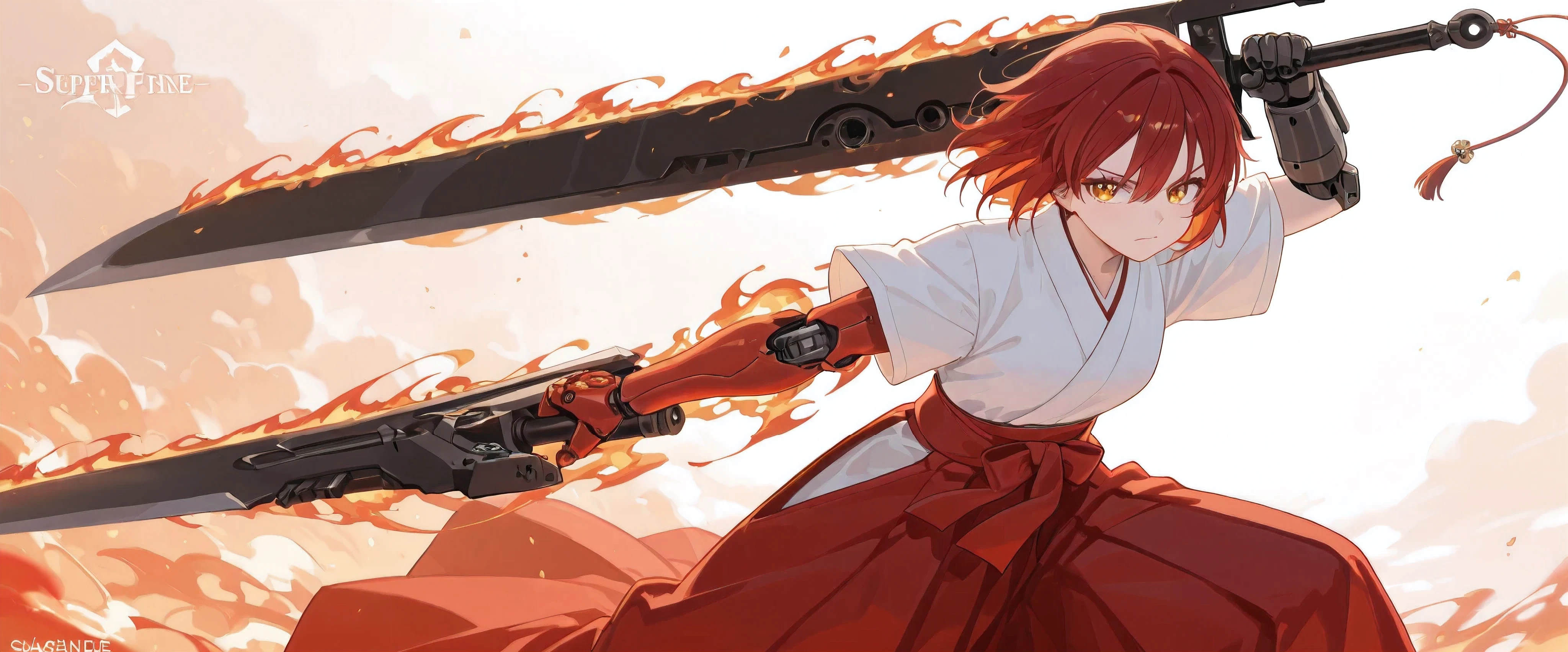 (best quality), high detailed, holding sword, (big weapon), (attack stance:1.1), action pose, oversized iron sword, Girl, mechanical arm, burning arm, Ruby blade, (Slash), serious, hakama, beautiful eyes, super fine eyes, (Close-up:1.1)