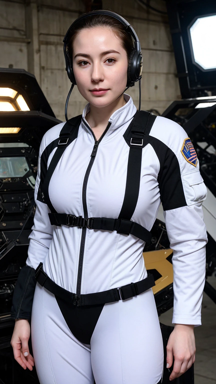 (Highest image quality, outstanding details, ultra-high resolution, realism: 1.4), (cowboy shot, from front, looking at another), highly condensed 1girl, delicate and beautiful face, big waist:0.7, thick thigh:0.7, perfect proportion, (chubby:0.55), short hair, (wearing racing suit as police uniform, black and grey mecha, wearing a high-tech headset, military harness, grenades), background simple grey wall,
