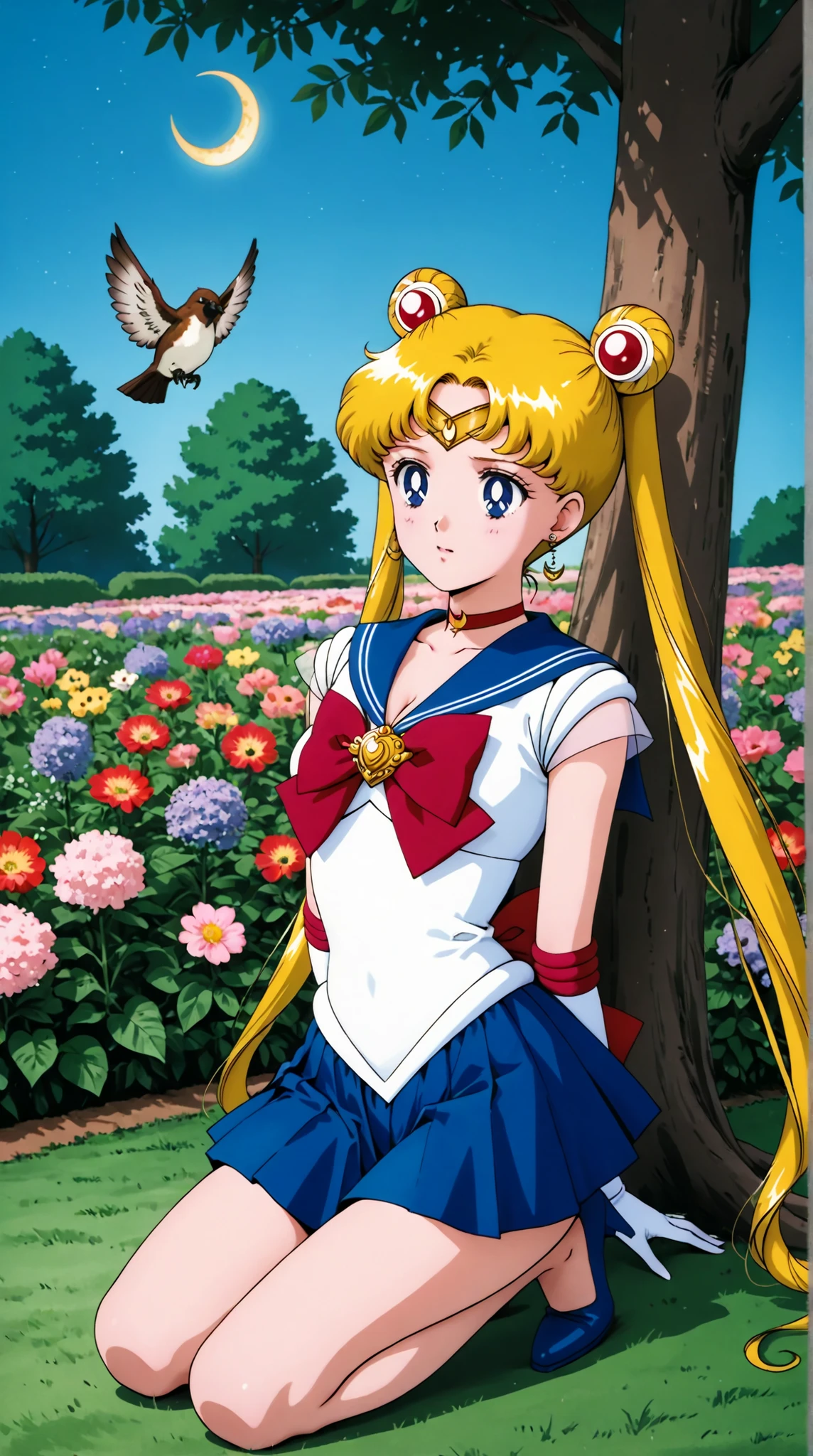 usagi tsukino, blonde hair, blue eyes, double bun, hair bun, hair ornament, long hair, twintails, circlet, parted bangs,back bow, blue sailor collar, blue skirt, bow, brooch, choker, crescent moon, elbow gloves, gloves, jewelry, magical girl, pleated skirt, red bow, red choker, ribbon, sailor collar, sailor senshi uniform, skirt, white gloves,((full body)),slim body,cleavage, navel, soft light, high detailed,anime, best quality, upper body, front view,arms behind back,random pose,flower garden,blue sky , bird flying on the sky,squirrel on tree, butterfly on flower