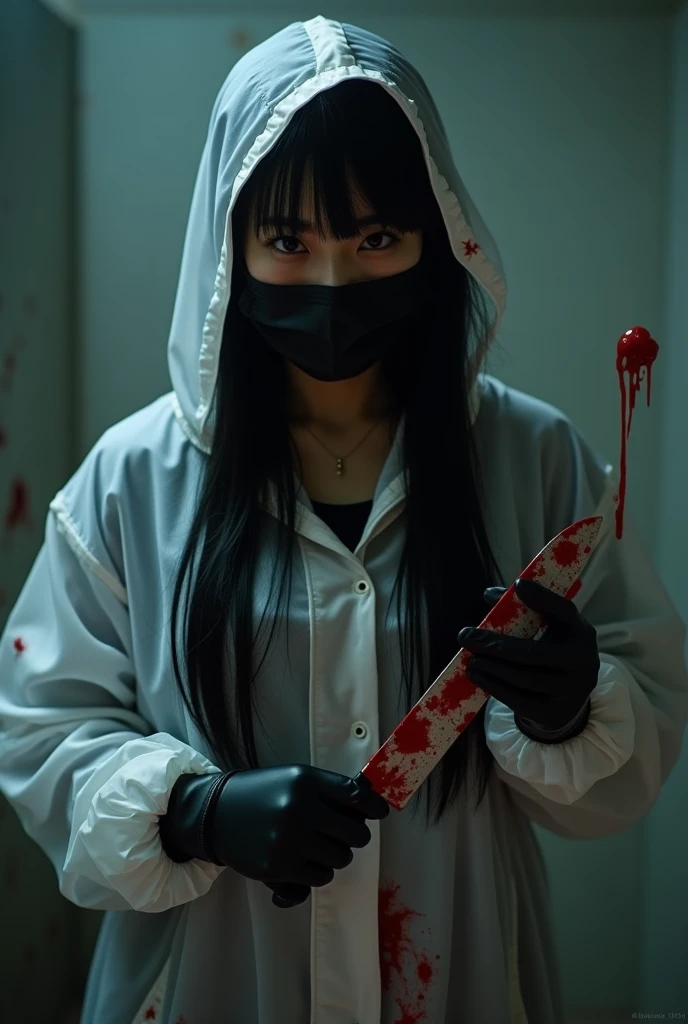 korean girl, (behind corpse, surgical mask), blood splatter, holding knife, stabbing, gloves, bath full of blood, transparent raincoat, hood up, holding knife, gloves, behind corpse, long bangs, night, mass murderer, robbery, in the hotel, dark atmosphere, cinematic lighting, atmospheric realistic, light from the window
