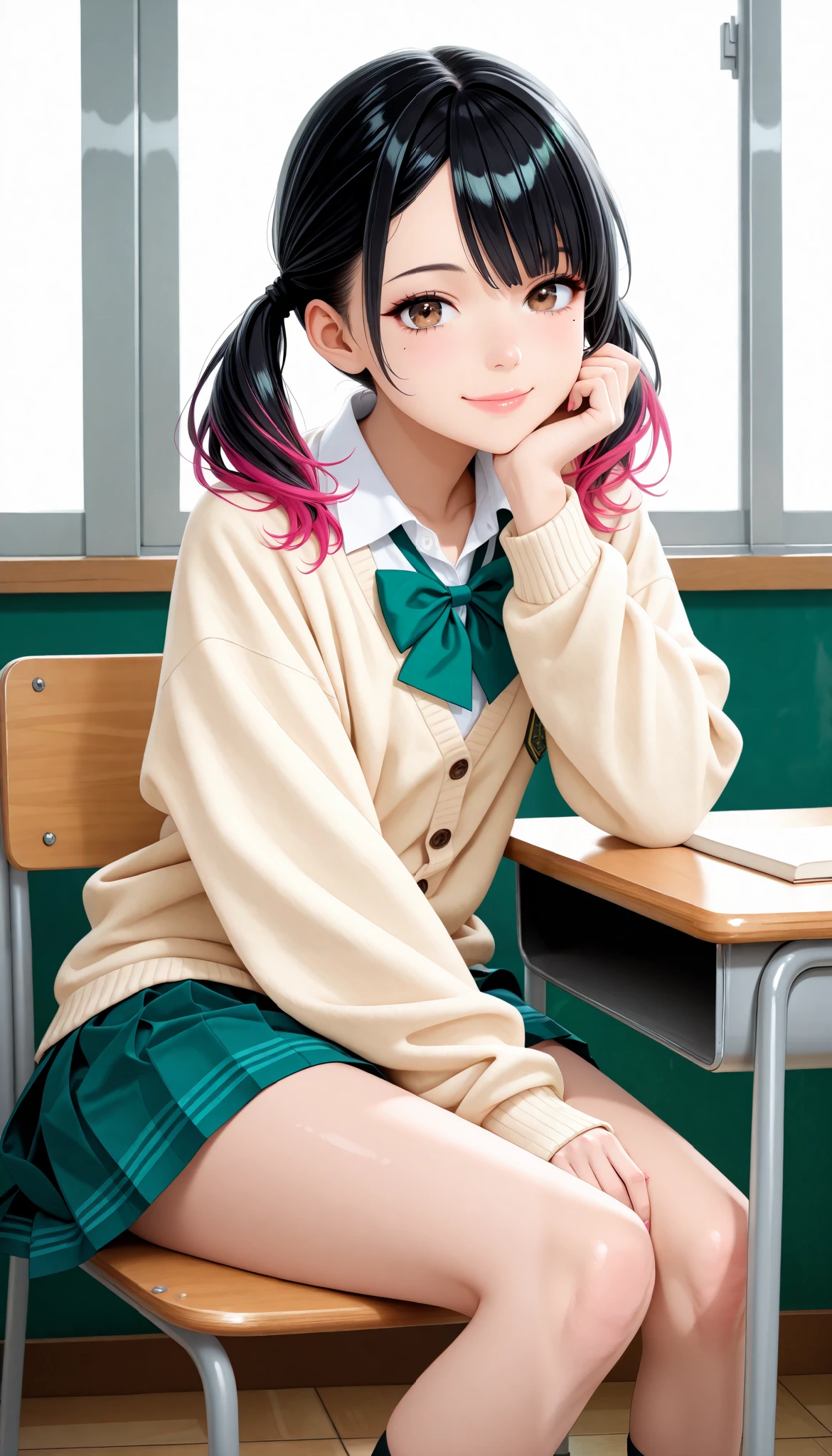 ( Cute age Girls , petite body, brown eyes), 1 female:1.6, (Beautiful High School Girls by Yoshitomo Nara, black hair with pink inner color hair, twin tails, asymmetrical bangs, mole under the eye:1.2, small face, beautiful skin), glossy lips , very detailed目と顔, long lashes, ( school uniform, shirt, bright green bow tie , Beige Cardigan, green pleated skirt), Sit on a Chair, headrest, ( Smile), School classroom, Quiet, light shining in ,(Highest quality:1.2, very detailed, CG illustration, soft focus, masterpiece:1.2, Aesthetics at its best),Perfect Face, perfect hand, Perfect Legs, perfect fingertips,