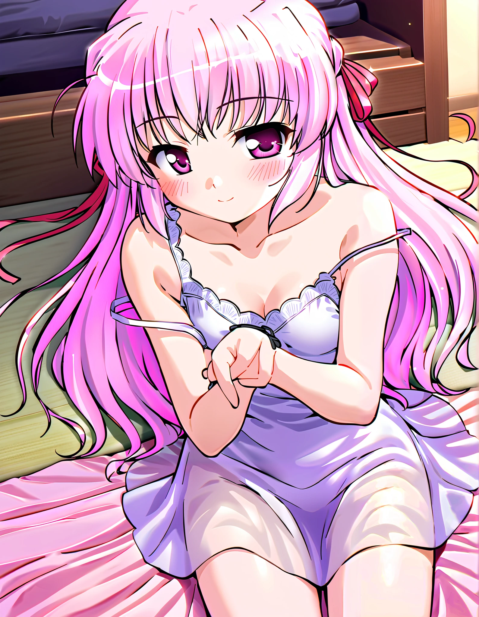 estel freesia, Alone, (cowboy shot), pink hair, hair ribbon, long hair, purple eyes, pink eyes, small breasts, cleavage, (smile), (I'm fascinated), (shy), (blush), chemise, ( strap slip), (see-through), bare shoulders, collarbone, thighs, (sleepy:1.2), (lying), (bedroom) score_9, score_8_superior, score_7_superior, source_ anime, (best quality:1.2), high quality, full color, 8k, High Resolution