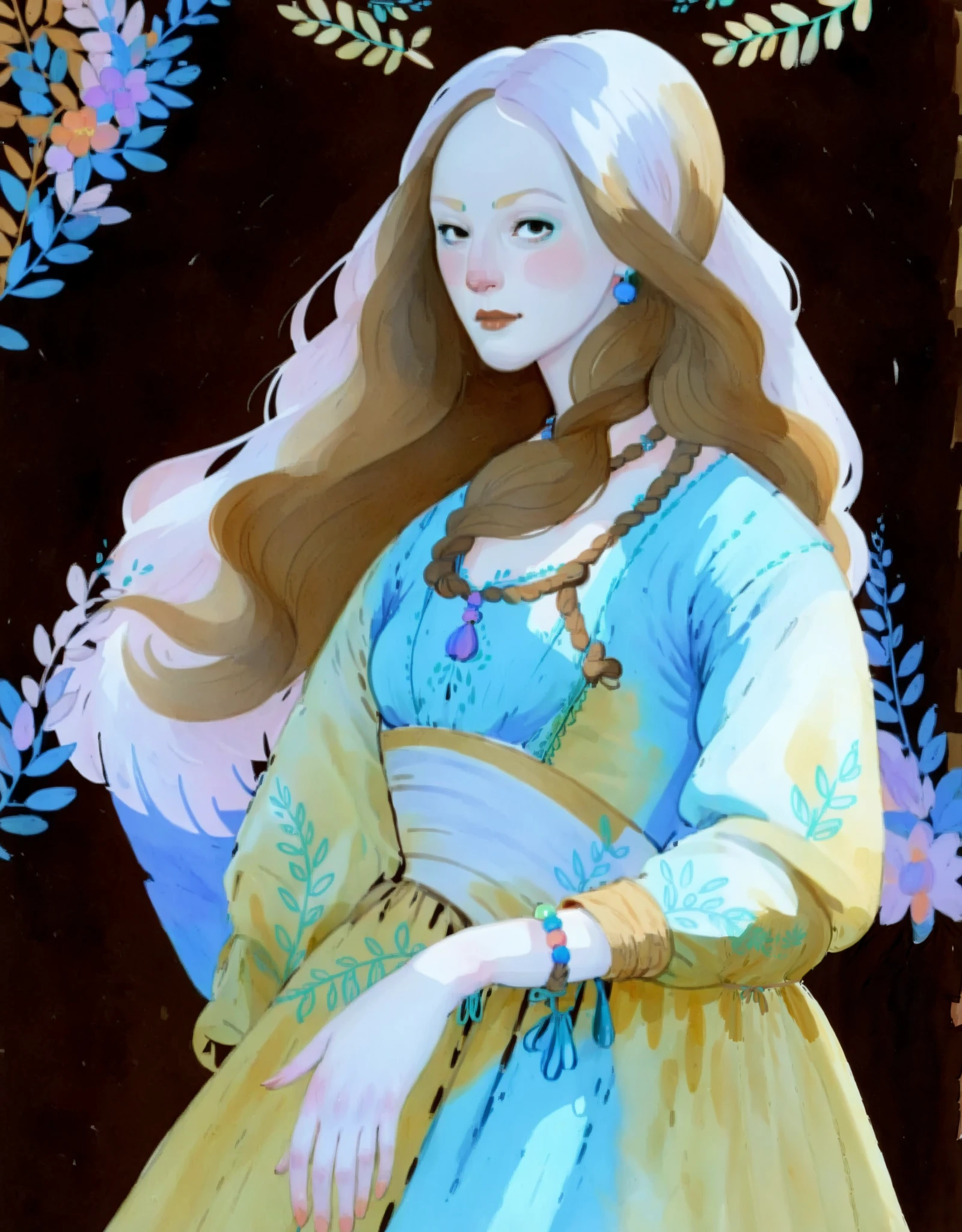 score_9, score_8_up, score_7_up, score_6_up, score_5_up, score_4_up, 1_woman, pale skin, long_hair, wearing a vibrant long peasant medieval dress, detailed clothing, sketches, detailed thick gouache painting, illustration, in gougoupaintleaves style:1.5, hyper_dynamic scene, pov from above, sattan style, XLCOMIC_POS