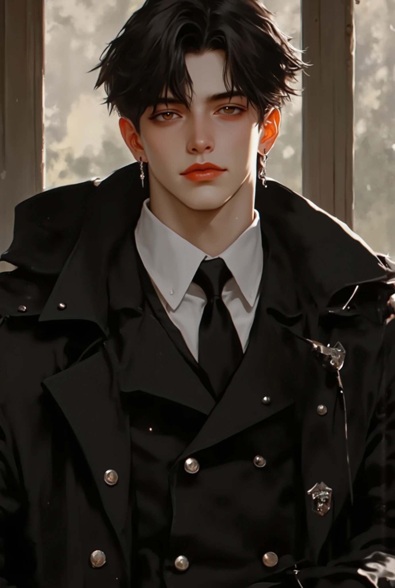 (masterpiece), (best quality), 1man, solo, male, middle part black hair, chiseled jawline, muscular, modern student, modern uniform, arrogant, confident, playful, unbothered, mighty, classroom background, forehead, majestic, aesthetic, ethereal, handsome, tall men, frown, amber eyes, stunning, detailed eyes, young adult face, magnificent background, (1men), detailed(light and shadow), light effects, cinematic camera angles, gentlemen, gentle, elegant, detailed light and shadow, cinematic scenery, (1person), (solo men), (short hair), young man, 18 years old, (exquisite art), rich, luxurious, Vibrant colors with subtle gradients), (Expressive character designs)