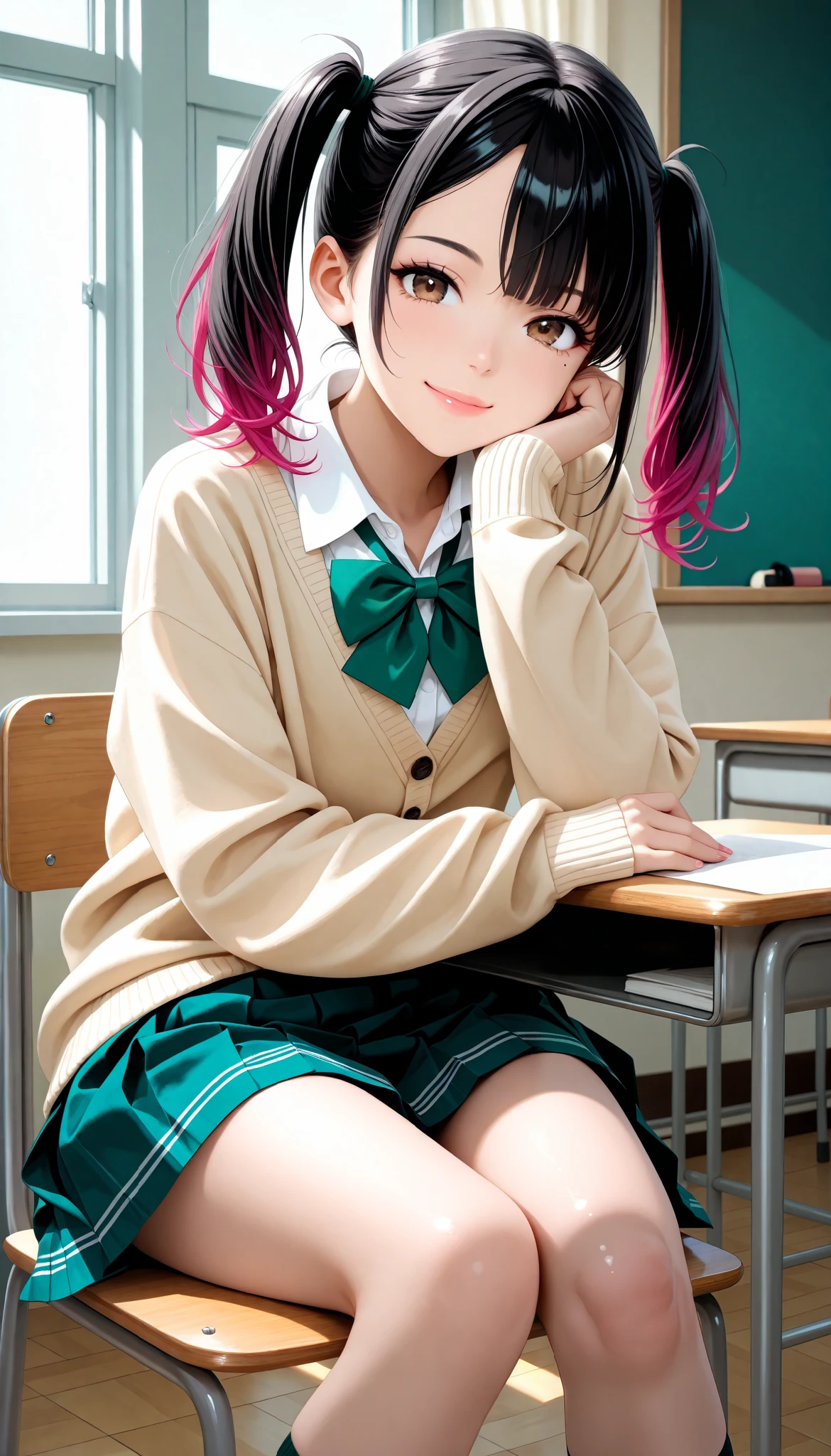 ( Cute age Girls , petite body, brown eyes), 1 female:1.6, (Beautiful High School Girls by Yoshitomo Nara, black hair with pink inner color hair, twin tails, asymmetrical bangs, mole under the eye:1.2, small face, beautiful skin), glossy lips , very detailed目と顔, long lashes, ( school uniform, shirt, bright green bow tie , Beige Cardigan, green pleated skirt), Sit on a Chair, headrest, ( Smile), School classroom, Quiet, light shining in ,(Highest quality:1.2, very detailed, CG illustration, soft focus, masterpiece:1.2, Aesthetics at its best),Perfect Face, perfect hand, Perfect Legs, perfect fingertips,