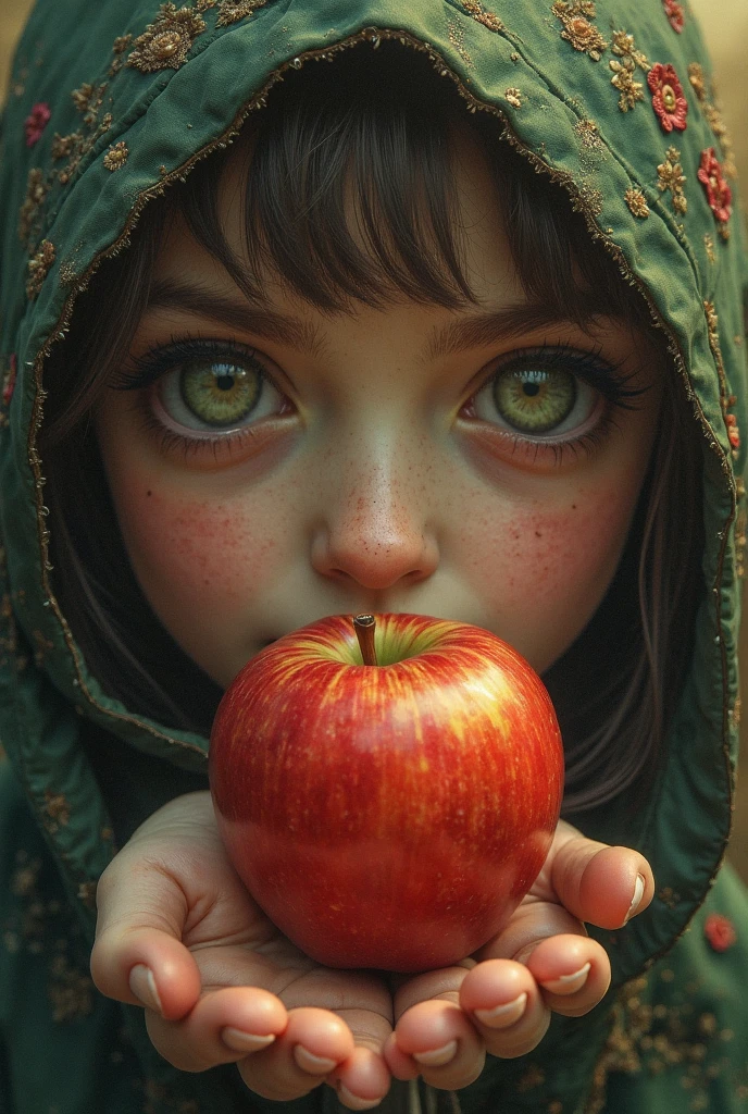 There's a holding a green apple in her hands, holding an apple, one holds apple in hand, Shutterstock, with apple, foto de retrato em close-up, Garotinha, elma, childrens, Foto de Stock, retrato closeup, garota, Imagem de Stock, iStock, cortar, picking apples from a tree, garotada, foto de retrato, a apple, menina jovem bonito