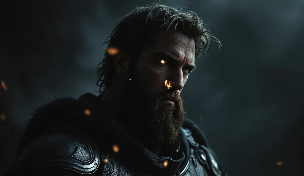 Close-up (Aquaman from DC in Viking style: 1.3) emerging from wet black mud, extremely detailed, smoke, sparks, metal shavings, flying debris, volumetric light