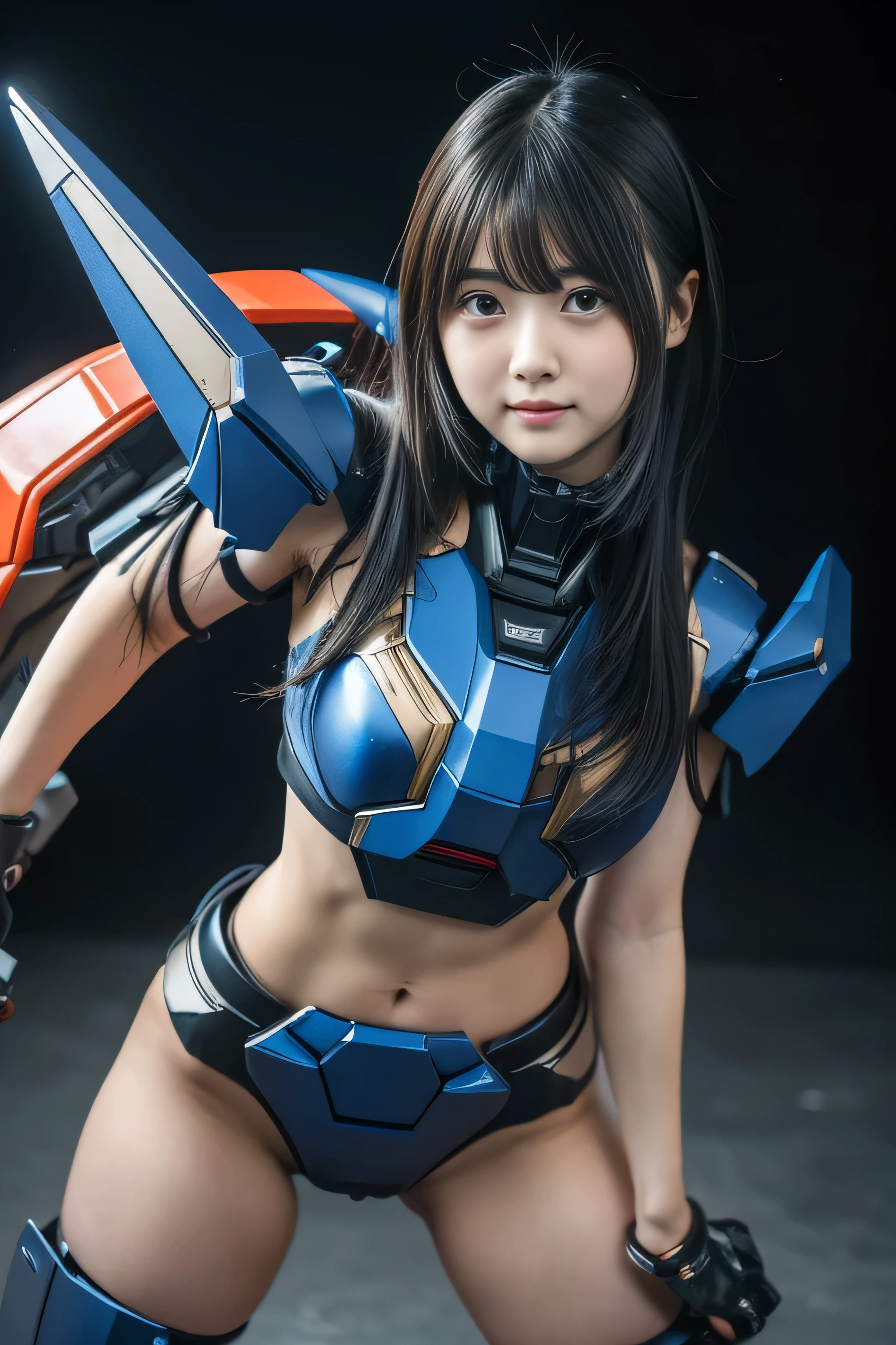 alta calidad, realistic masterpiece, Hermosas chicas preadolescentes, small skinny girls, cute girl's face, ciberpunk, Wearing futuristic robotic tactical shear armor ciberpunk suit with cutouts showing abs, skinny athletic body showing legs, Inocente, playful, famous actresses of japan., cara muy hermosa