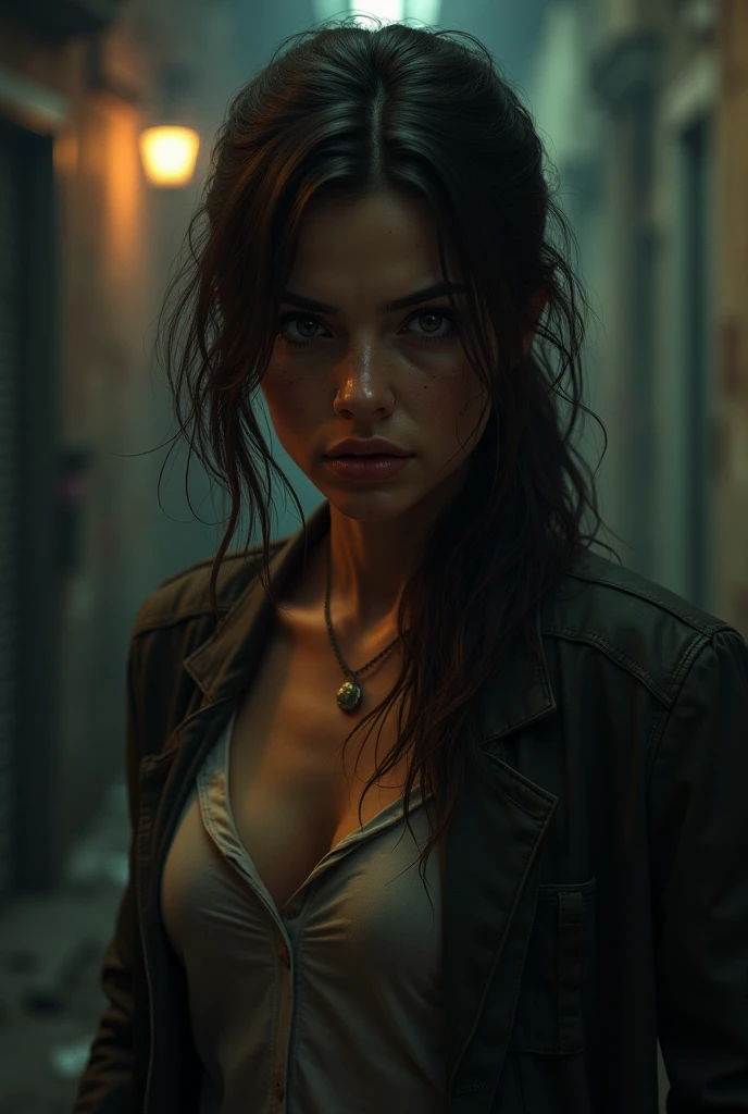 Eve Maguire crazy scientist, disheveled hair, hallucinatory features in smoky lab with backlight panels, arms slightly blackened, octane render, dark fantasy, 4k 8k cinematic, sci-fi, horror movie, film noise, Vibrant colors, futuristic fashion, Ethereal lighting, Surreal, Highly detailed, Digital painting, Trending on Artstation, Concept art, smooth focus, art by artgerm and wayne barlowe and greg rutkowski and zdislav beksinski