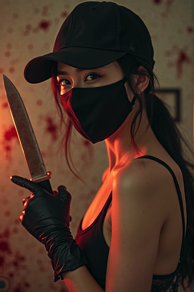 korean girl, (behind multiple corpse, holding knife), black surgical mask, black gloves, room full of blood, black raincoat, trucker hat, holding knife, black gloves, woman on top, behind multiple corpse, blood splatter, on the bed, looking at viewer, mass murderer, killer, low pony tail, blood splatter, dark atmosphere, cinematic lighting, atmospheric realistic, light from the window, close-up,
