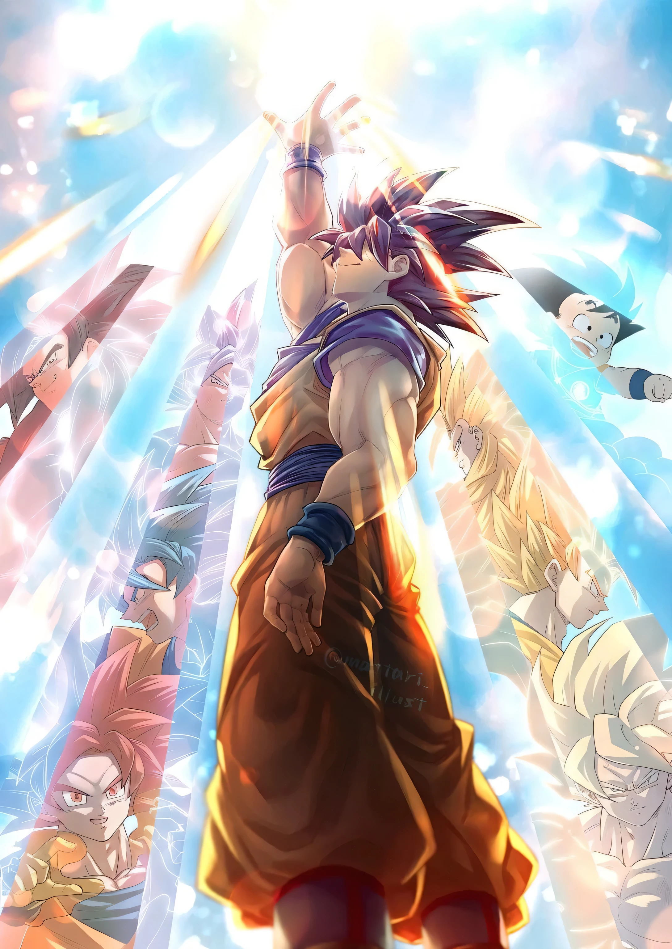 (Goku reaching upwards), (sunlight streaming down), (vertical composition), (low angle shot), (backlit figure), (silhouette against bright light), (layered light rays emanating from the sun), (ghostly transparent transformation silhouettes within layered refractive light patterns), (faint glowing outlines of Super Saiyan, Super Saiyan 2, etc.), (Akira Toriyama inspired style), (anime style), (warm sunlight), (soft pastel sky), (subtle aura), (sky background), (clouds surrounding sun), (8k resolution), (highly detailed), (Goku standing tall with his back to the viewer), (arms raised towards the sky), (sunlight streaming through his fingers), (divine aura), (golden flame hair), (iconic orange gi, tattered edges), (serene determination expression), (eyes closed, channeling strength), (Base Form: calm, focused expression, hands clasped), (Super Saiyan: hair spiking upwards, fierce expression, clenched fists), (Super Saiyan 2: hair spiking dramatically, eyes glowing, one hand raised), (Super Saiyan 3: wild hair, powerful aura, eyes closed, hands outstretched), (Super Saiyan God: serene expression, divine flame hair, hands outstretched), (Super Saiyan Blue: blue hair, calm expression, one hand raised, one lowered), (Ultra Instinct -Sign-: meditative expression, hair flowing gently, one hand raised, one lowered), (vibrant sky with fluffy clouds), (sun radiating light), (long shadows), (dynamic lines), (bold colors), (energy and power of transformation).
