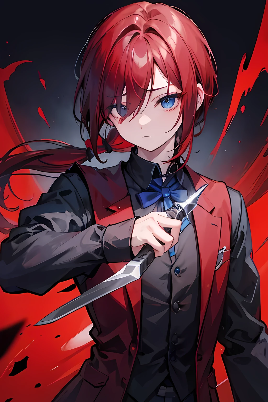 one boy、Dark red hair、 low ponytail hair、hair over one eye, detailed light blue eyes、Droopy eyes、black shirt、Dark red vest、 holding a knife、assassin、Red and blue effect、anime style、Highest quality。