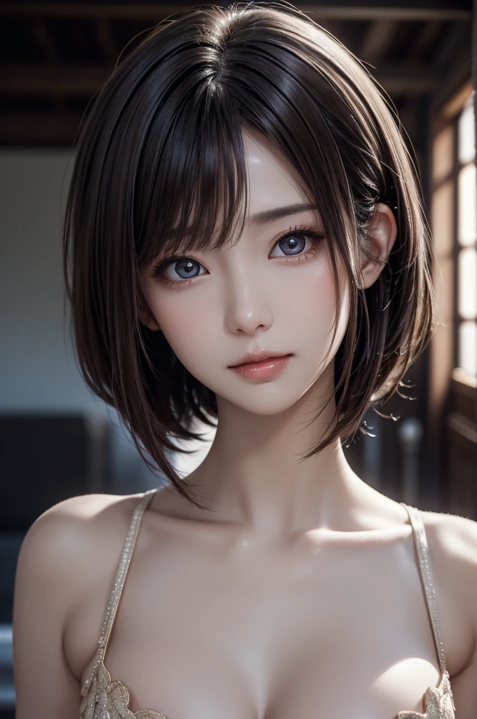 (top quality, 8k, masterpiece: 1.3), pretty woman with perfect figure: 1.4, dark brown hair, big, wearing pendants, torn shorts, sleeping in bedroom, very detailed face and skin, detailed eyes, double eyelids, top quality, masterpiece, (photorealistic: 1.4), one woman, golden ratio, high angle shot, upper eye care, low angle shot, perfect face, beautiful figure, cute face, face close-up, zoom in on face, short bob, short hair, smile from different angles, smile, gloss, highlight, gloss, glossy on skin, glossy on skin, wet skin, wet, bangs, cute smile, bust, off-shoulder, refreshing charm, elegant, perfect hands, smile from angle, smile, shiny, highlight, glossy skin, bangs, bust, big, Warm off-shoulder, refreshing charm, ears out, gaze to the camera, poses at different angles