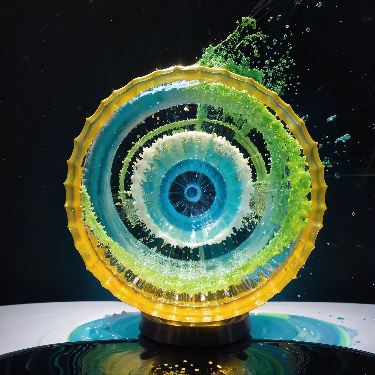 Seabed ice sheet background,detailed armor, ornate headdress, samurai helmet(((Dynamic rotating concentric circles)))(Dynamic rotation of concentric circles)Mandala is the result of the long journey of creating concentric circles of liquid color, there is a glass bowl with a green and purple swirl inside, simulacrum of a space fungus, alien flower, distant nebula are glowing algae, inspired by Otto Piene, inspired by Earnst Haeckel, top down extraterrestial view, covered with ferrofluid. dslr, translucent algae ornate, the eye of the universe, anatomical fractal,which interact through transparency, refraction, reflection, and collision. The ultimate goal is to showcase unique, detailed, and aesthetically pleasing images that capture the audience's attention through their initial visual impact and stunning details in liquid interactions,there is a cake with a red and yellow center on a blue plate, inspired by Otto Piene, victor antonov, culinary art photography, inspired by Graham Sutherland, colorful ferrofluid armor, inspired by Anish Kapoor, alexandra fomina, david kassan, by Jan Rustem, rudolf is hired, sergey krasovskiy, kai vermehr