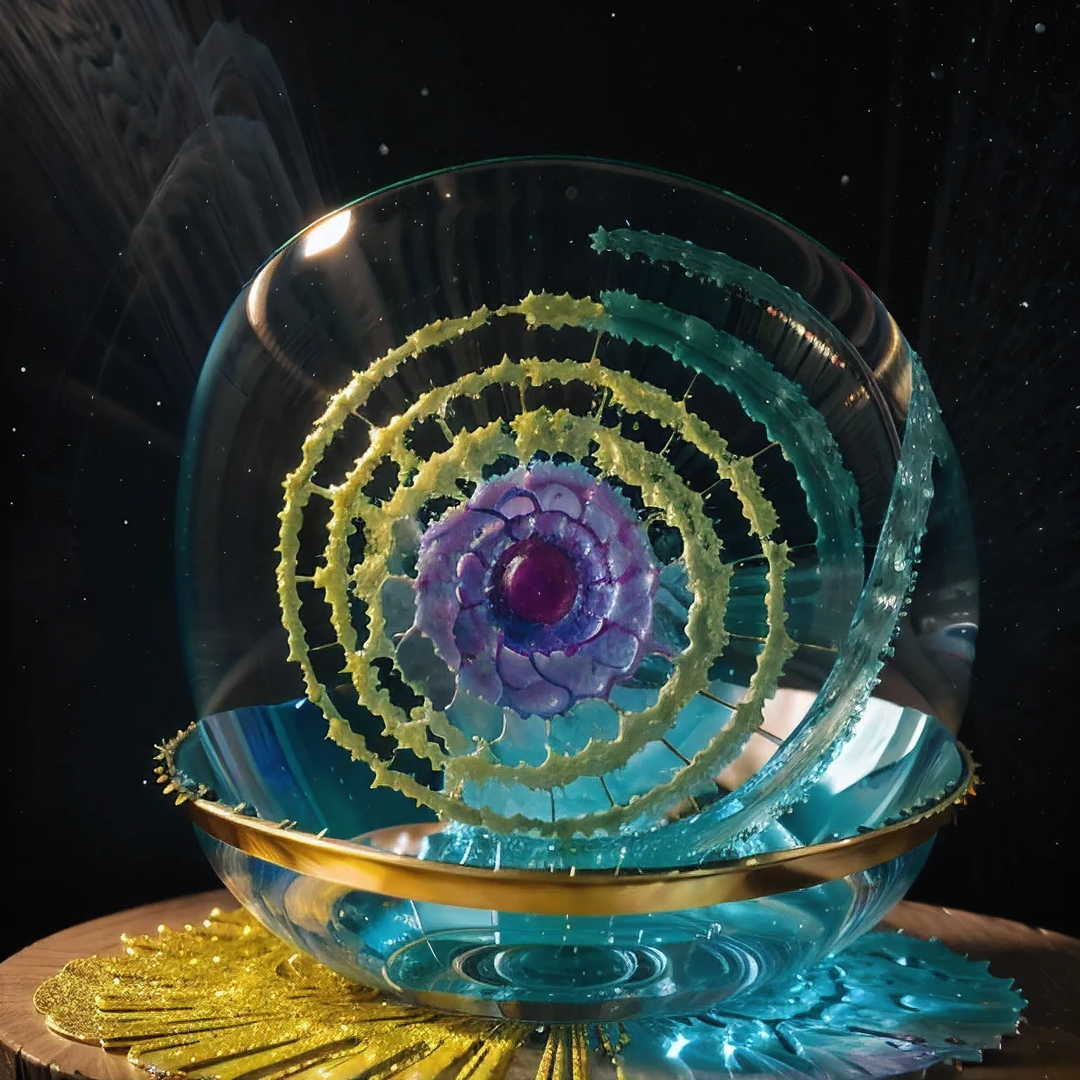 Seabed ice sheet background,detailed armor, ornate headdress, samurai helmet(((Dynamic rotating concentric circles)))(Dynamic rotation of concentric circles)Mandala is the result of the long journey of creating concentric circles of liquid color, there is a glass bowl with a green and purple swirl inside, simulacrum of a space fungus, alien flower, distant nebula are glowing algae, inspired by Otto Piene, inspired by Earnst Haeckel, top down extraterrestial view, covered with ferrofluid. dslr, translucent algae ornate, the eye of the universe, anatomical fractal,which interact through transparency, refraction, reflection, and collision. The ultimate goal is to showcase unique, detailed, and aesthetically pleasing images that capture the audience's attention through their initial visual impact and stunning details in liquid interactions,there is a cake with a red and yellow center on a blue plate, inspired by Otto Piene, victor antonov, culinary art photography, inspired by Graham Sutherland, colorful ferrofluid armor, inspired by Anish Kapoor, alexandra fomina, david kassan, by Jan Rustem, rudolf is hired, sergey krasovskiy, kai vermehr
