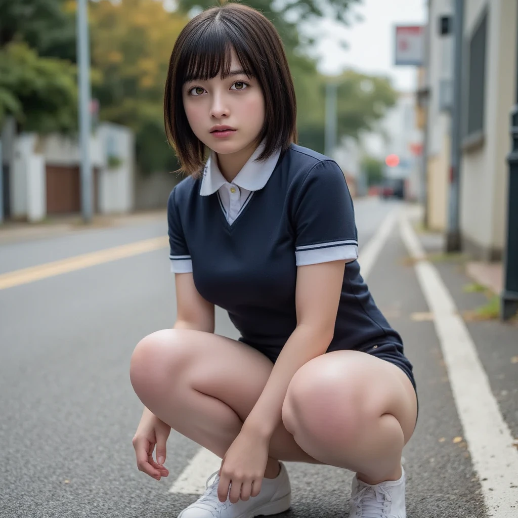 (Photorealistic),(High resolution close up), Ultra detailed skin, deepshadow, beautiful lightning、flat breast、tiny chest、small tits、(Small bust:1.2)、Small bust、 (Very small、Flat、small tit)、white  panties、full body Esbian、Squatting and peeing、Schoolgirl Uniform、neat college girl、a 20 yo woman、White panties are visible from the skirt、short-hair、Shorthair with bangs、Shirt buttons are closed to the top、no-makeup、neat college girl