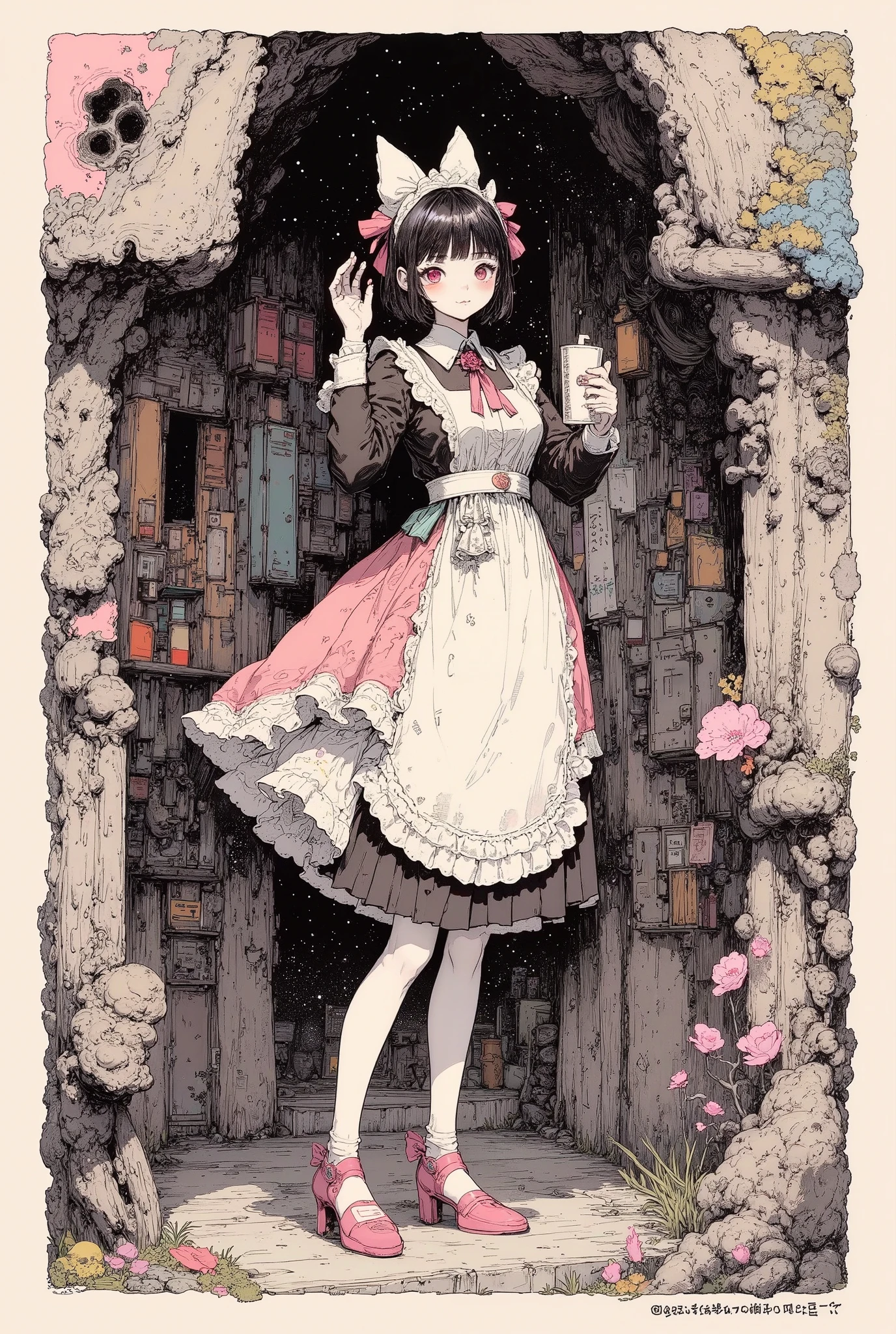 High Definition, masterpiece, Accurate, top quality, High Definition model, high detail, (((The textures are soft))), ((matte and toy-like with a handmade premium look)), (((Tim Burton style))), side view, holding drink, ((Smile and wave)), beautiful woman, perfect body, wide hips, big tits, simple lines, short hair, bob haircut, maid outfit, frilly dress, apron, thigh-high socks, ribbons, (intricate details:1.1), beautiful detailed, beautiful hair, 1girl, japanese, blush, (((Anatomically correct))), five fingers, ((Pupil details)), ((five fingers)),