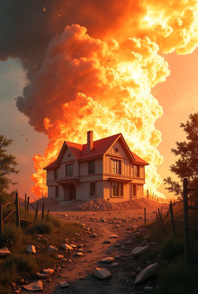 River saw house with smoke chimney sun farm