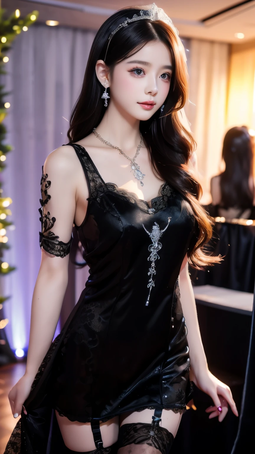4K, UHD, masterpeice, 1 girl, good face, happy face, ((skin)), detailed eyes, detailed lipstick, very long hair, straight hair, very long hair, beautiful hair, hair ornaments, hairband, gradient hair, ((black stocking)), ((princess clothing)), ((decorated clothing)), ((sardine)), ((sparkle clothing)), ((black lace:1.5)), black, ((diamond bracelet)), ((pendant)), ornaments, necklace, earring, high lighting, ((in the wedding stage)), depth of field, ray tracing, ultra realistic detailes,