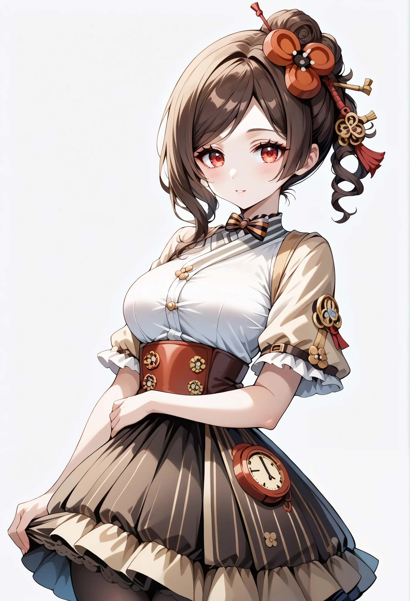 score_9, score_8_up, score_7_up, source_anime, 4K,perfect fingers,(perfect hands, perfect anatomy),prefect lighting, very aesthetic, intricate details,highly detailed background, masterpiece, high quality, best quality,
1girl,Solo,genshinchiori, chiori, brown hair, hair ornament, red eyes, flower, hair flower, large breast,
wearing ((steampunk design,Her attire includes a light beige/cream-colored top with brown accents detailing and stitching reminiscent of gears and cogs, She wears a brown lace-edged steampunk-inspired under-skirt with decorative details, )),,
((White plain background:1.5)) , ((White plain background:1.5)) , She's posing with her body angled toward the viewer, her gaze directed slightly to the viewer's right, The visual focus is on the woman and her costume, The lighting is bright and highlights the costumes' textures and details,