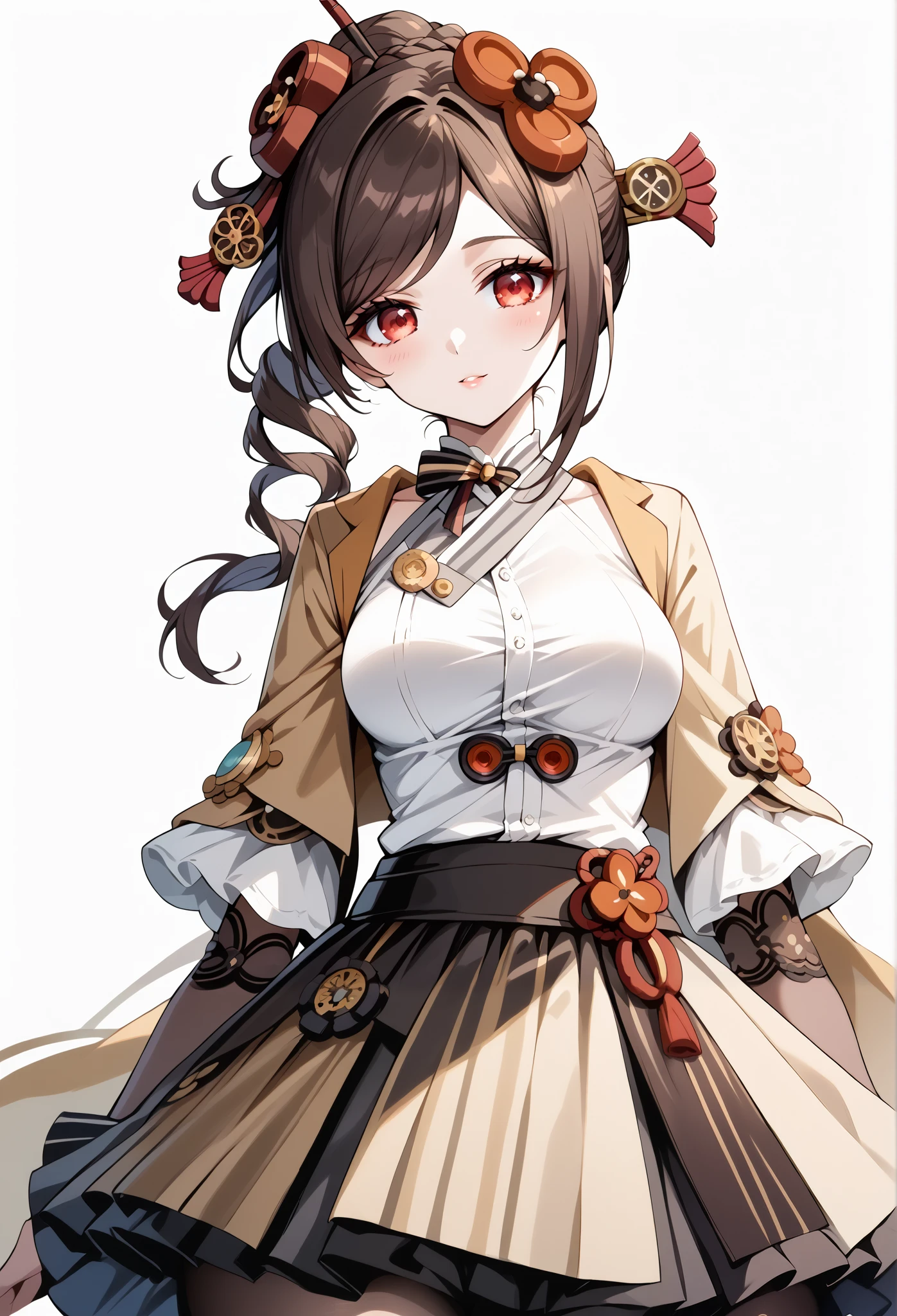 score_9, score_8_up, score_7_up, source_anime, 4K,perfect fingers,(perfect hands, perfect anatomy),prefect lighting, very aesthetic, intricate details,highly detailed background, masterpiece, high quality, best quality,
1girl,Solo,genshinchiori, chiori, brown hair, hair ornament, red eyes, flower, hair flower, large breast,
wearing ((steampunk design,Her attire includes a light beige/cream-colored top with brown accents detailing and stitching reminiscent of gears and cogs, She wears a brown lace-edged steampunk-inspired under-skirt with decorative details, )),,
((White plain background:1.5)) , ((White plain background:1.5)) , She's posing with her body angled toward the viewer, her gaze directed slightly to the viewer's right, The visual focus is on the woman and her costume, The lighting is bright and highlights the costumes' textures and details,