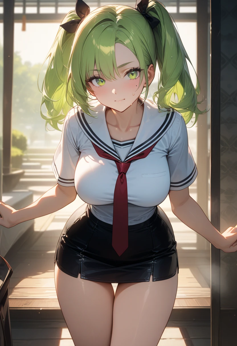1girl, detailed face, detailed eyes, green hair, twin ponytails, emerald eyes, huge breasts, huge ass, blouse, miniskirt, outdoors, city