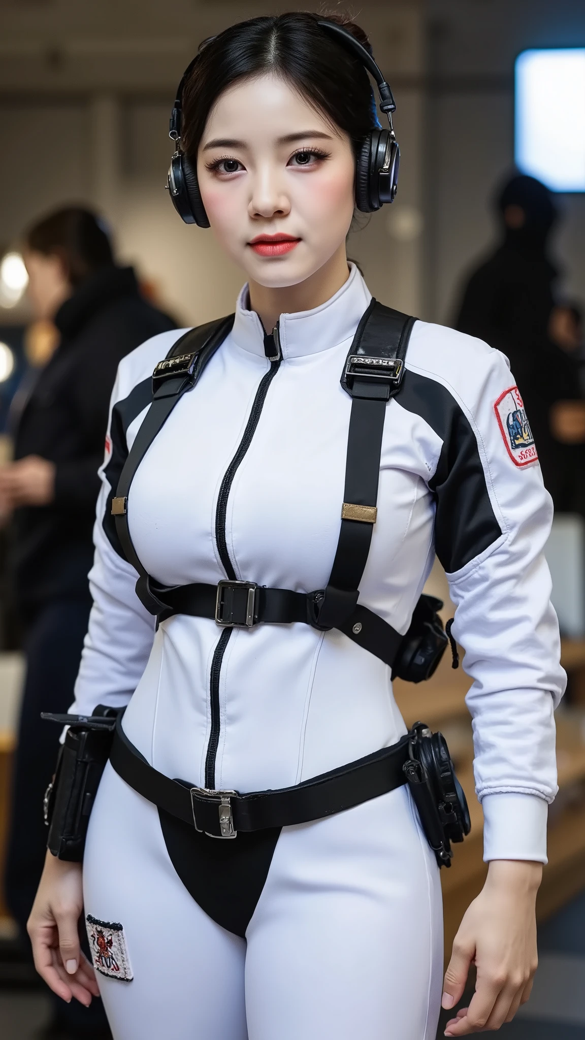 1girl, d3hyun dahye velo, (Masterpeace, high quality, high resolution, realistic photo, photography), ((best quality)), photorealistic, photorealism, Photorealistic, high resolution, Beautiful, , 40 Years Old, White Skin, pale skin, Large Breasts, huge breast, Combat pose, looking at the camera, (Detailed face), short hair, sexy body, (wearing pilot suit, high-tech headset, mecha suit), (cloths color based on black), Fingers are occluded, concrete space background,