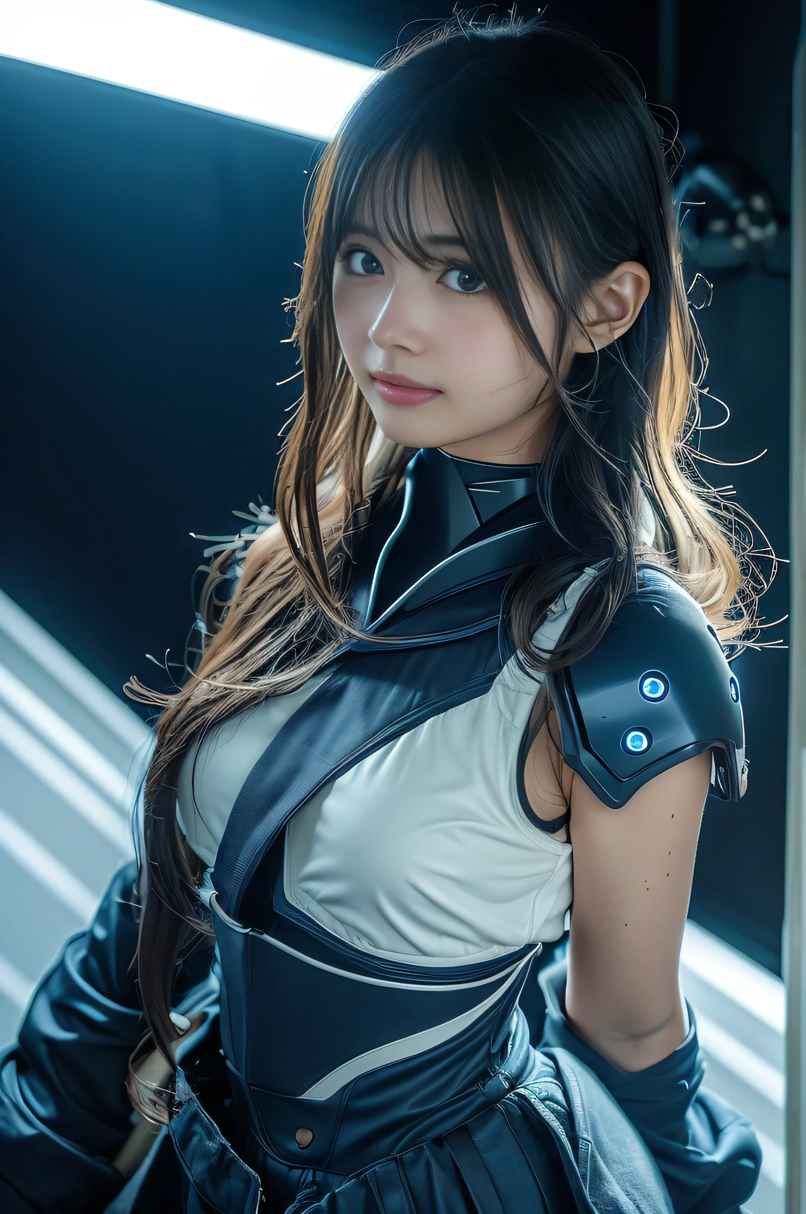 a woman covered in intricate white cybernetics, blue led lights, battle suit, cleavage, high tech, ultra high def, 32k, (Bikini Cyborg robot parts), (detailed:1.4), cyberpunk city background, rainy street, beautiful face, golden long hair, professional lighting, masterpiece, very delicate and beautiful, professional photograph, (smiling:0.5)
