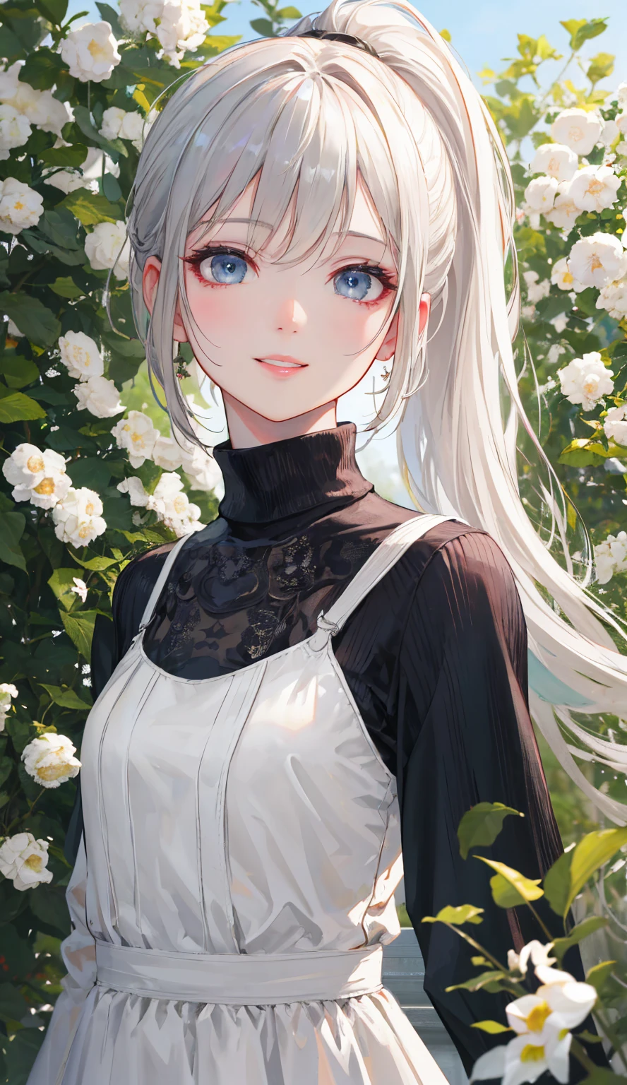 Masterpiece, high qulity，Focus, Solo, red eyes，eBlue eyes,  flower, Masterpiece Blue Rose,tiese, White color hair,Shaded blue hair， Black shirt, Masterpiece Blue Rose, Red flower,Nevi at the corners of the eyes， Specular highlights, Detailed face, Detailed eyes,Ear with ear bone clips，Pink purple background，detailed fabric, Detailed skin,Extreme image quality --auto