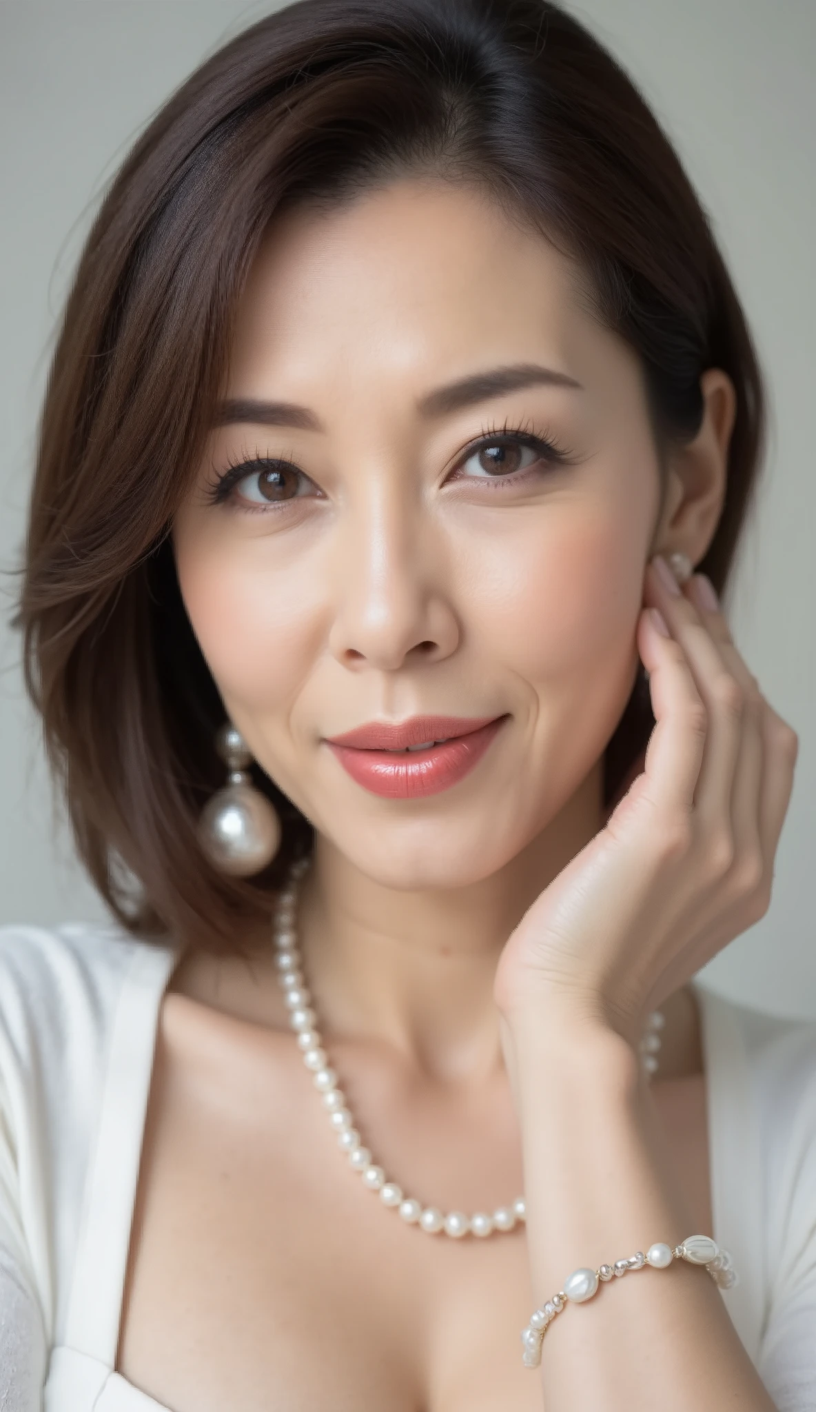 (mature woman, 48 years old, Japanese, masterpiece, top quality, High Resolution, realistic:1.37, sharp concentration:1.4, Unmatched Beauty's live venue , Ultimate beauty), close-up, fine laugh lines:1.2, Slightly Scarlet Natural Makeup , Gentle Pin Clip , Medium Hair with Fluffy Curls , Elegant Pastel Pink Ruffle Dress, Soft chiffon material , feminine silhouette , Gentle Graceful Smile , ** Elegant Pearl Necklace , large pearl earrings , Delicate Pearl Bracelet **, Fashion Catalog Style , simple white background