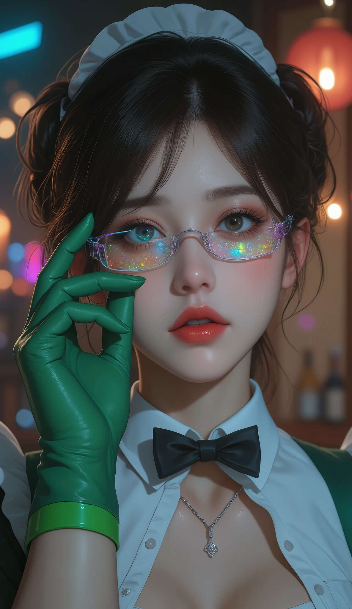 front open shirt，high resolution,  clear focus, pixiv Masterpiece, ((intricate details)), Very detailed, Yuri Alpha, 1 girl,  dark hair, (Green wristband, Green gloves, peak,:1.1) ，Holographic Glasses, , maid, Single steamed bun, skirt,  necklace, bow tie, maid apron, 