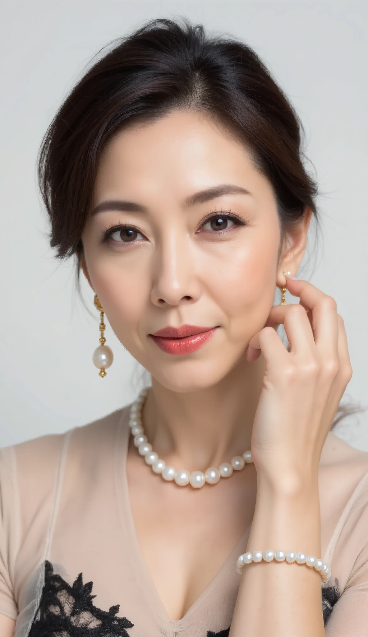 (mature woman, 48 years old, Japanese, masterpiece, top quality, High Resolution, realistic:1.37, sharp concentration:1.4, Unmatched Beauty's live venue , Ultimate beauty), close-up, fine laugh lines:1.2, Slightly Scarlet Natural Makeup , Gentle Pin Clip , Medium Hair with Fluffy Curls , Elegant Pastel Pink Ruffle Dress, Soft chiffon material , feminine silhouette , Gentle Graceful Smile , ** Elegant Pearl Necklace , large pearl earrings , Delicate Pearl Bracelet **, Fashion Catalog Style , simple white background
