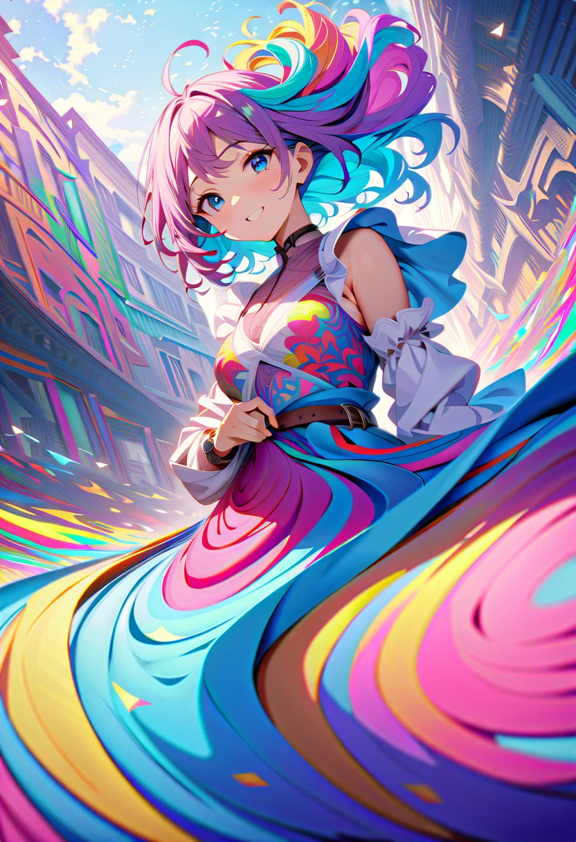 1girl,mature,beautiful,stunning,asian beauty,intense pink hair,long hair,two long braids,beautiful eyes,detailed eyes,blue eyes,red eye liner,wearing a vibrant tie-dye dress,colorful,hair ribbons,headphones,wearing vibrant color long socks,boots,standing,abstract background,vibrant colors,warm colors,masterpiece,best quality,ultra detailed, <lora:add-detail-xl:1>, <lora:dollskill_dresses_sdxl:0.7>