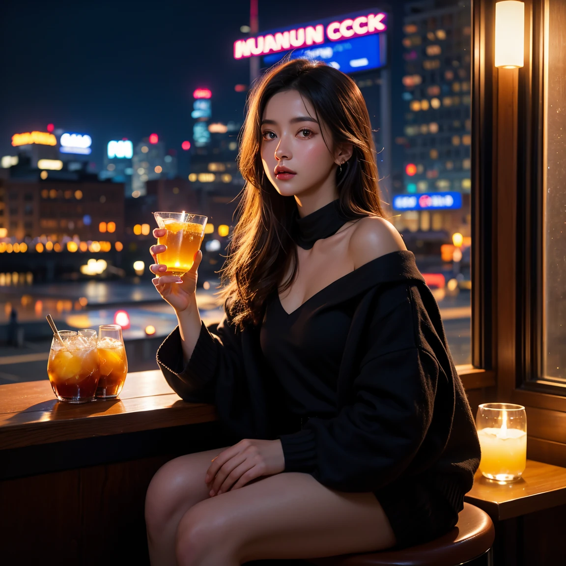 Drinking alcohol with the night view in the background、Woman standing at a bar、The outfit is a blouse and skirt、A beautiful woman with clear features。Black Hair、Feeling like a celebrity