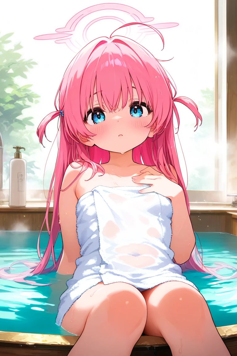 (((masterpiece))),  (((best quality))),  ((bathroom window)),  ((from side)),  looking outside,  sitting on bathtub filled with water,  towel wrap body,  curtain,  white tile wall,  ribbon,  pink longhair,  off shoulder,  collarbone,  cleavage,  big tits,  shy,  blush,  bare thighs,<lora:EMS-263612-EMS:1.000000>