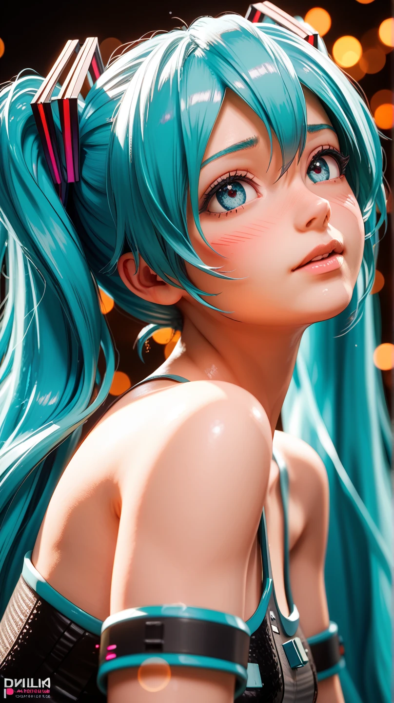 (((1girl))), (((Waifu, VOCALOID, Miku Hatsune Waifu))), (((Long Hair, Twintails Hair))), ((Cyan Eyes eyes:1.3, Upturned Eyes: 1, Perfect Eyes, Beautiful Detailed Eyes, Gradient eyes: 1, Finely Detailed Beautiful Eyes: 1, Symmetrical Eyes: 1, Big Highlight On Eyes: 1.2, Makima Eyes, Spiral Eyes)), (((Lustrous Skin: 1.5, Bright Skin: 1.5, Skin Fair, Shiny Skin, Very Shiny Skin, Shiny Body, Plastic Glitter Skin, Exaggerated Shiny Skin, Illuminated Skin))), (Detailed Body, (Detailed Face)), Young, (Best Quality), Shirt, Loose Skirt, Garter Belt, Stockings, High Resolution, Sharp Focus, Ultra Detailed, Extremely Detailed, Extremely High Quality Artwork, (Realistic, Photorealistic: 1.37), 8k_Wallpaper, (Extremely Detailed CG 8k), (Very Fine 8K CG), ((Hyper Super Ultra Detailed Perfect Piece)), (((Flawlessmasterpiece))), Illustration, Vibrant Colors, (Intricate), High Contrast, Selective Lighting, Double Exposure, HDR (High Dynamic Range), Post-processing, Background Blur, Inky Shadows, Darker Shadows, Thick Shadows, High Quality Shadows, high detail, realistic, Cinematic Light, sidelighting, Lens Flare, Ray tracing, sharp focus,