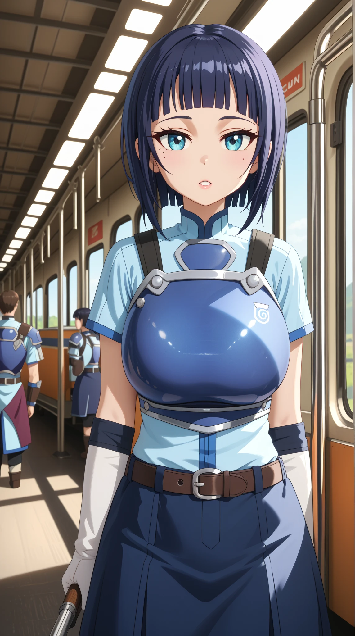 female high-school student　nsfw　Nipples are visible　Undressing　Nipple teasing　1 boy, a boy is grabbing girl&#39;s breasts from behind inside the train　is standing　arms up