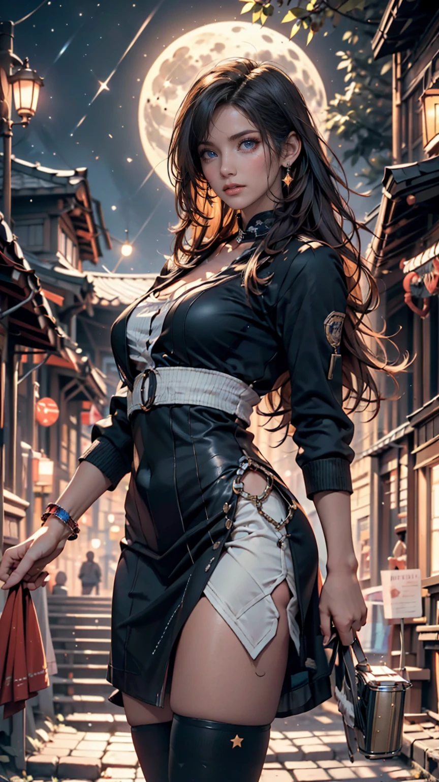 Masterpiece, Best quality, cinema, offcial art, Propaganda art, movie wallpapers, Very detailed CG uniform 4k wallpaper, Intricate details, Upper body, Facial focus, concept-art, production art, ( , A high resolution, (Realistic, photo-realistic:1.2), Physically-based rendering,, Reflection, Realistic, Cyberpunk,  Very clear focus, Realistic, Award-winning matte varnish illumination, (illustration: 1.1), Slim, Fair skin, Delicate face, Shine, (Long blonde hair), Samurai clothes, Green eyes, battlefield, chip, Shine, Vast landscape photo, (From below, Starry sky overhead), (String the moon: 1.2),, (Starcloud: 1.3), Tree BREAK making art, (Warm light source: 1.2), (Firefly: 1.2), light fixtures, Lots of purple and orange, Intricate details, voluminetric lighting, Realism BREAK (Masterpiece: 1.2), (Best quality), 4K, Ultra-detailed, (Dynamic composition: 1.4), Very detailed, Rich in detail, (Iridescent colors: 1.2), (Glowing, Atmospheric illumination), Dreamy, Fantastic, (Solo: 1.2) Gray hair, Long flowing hair, strong winds, Orange eyes, Shiny eyes, Large, face, Chest and thighs, Visible. realisticlying， Fine LED,Beautifully decorated, Beautiful relief, Small parts aggregation, Metal cylinder, Detailed neon,